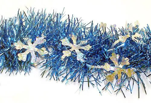 12' Blue Christmas Tinsel Garland with Silver Holographic Snowflakes - Unlit