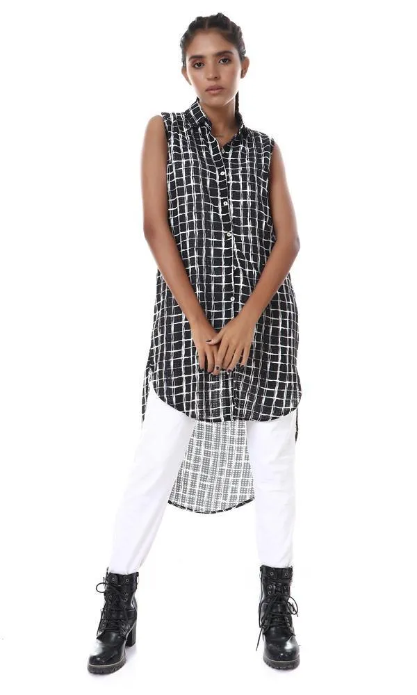 56955 Sleeveless Hi-Low Plaids Black Long Shirt