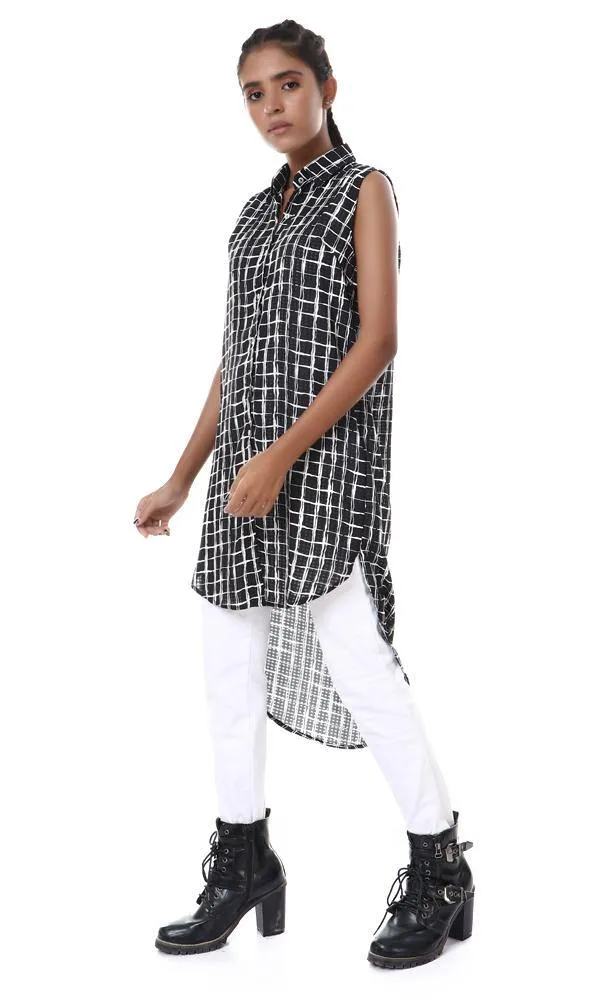 56955 Sleeveless Hi-Low Plaids Black Long Shirt