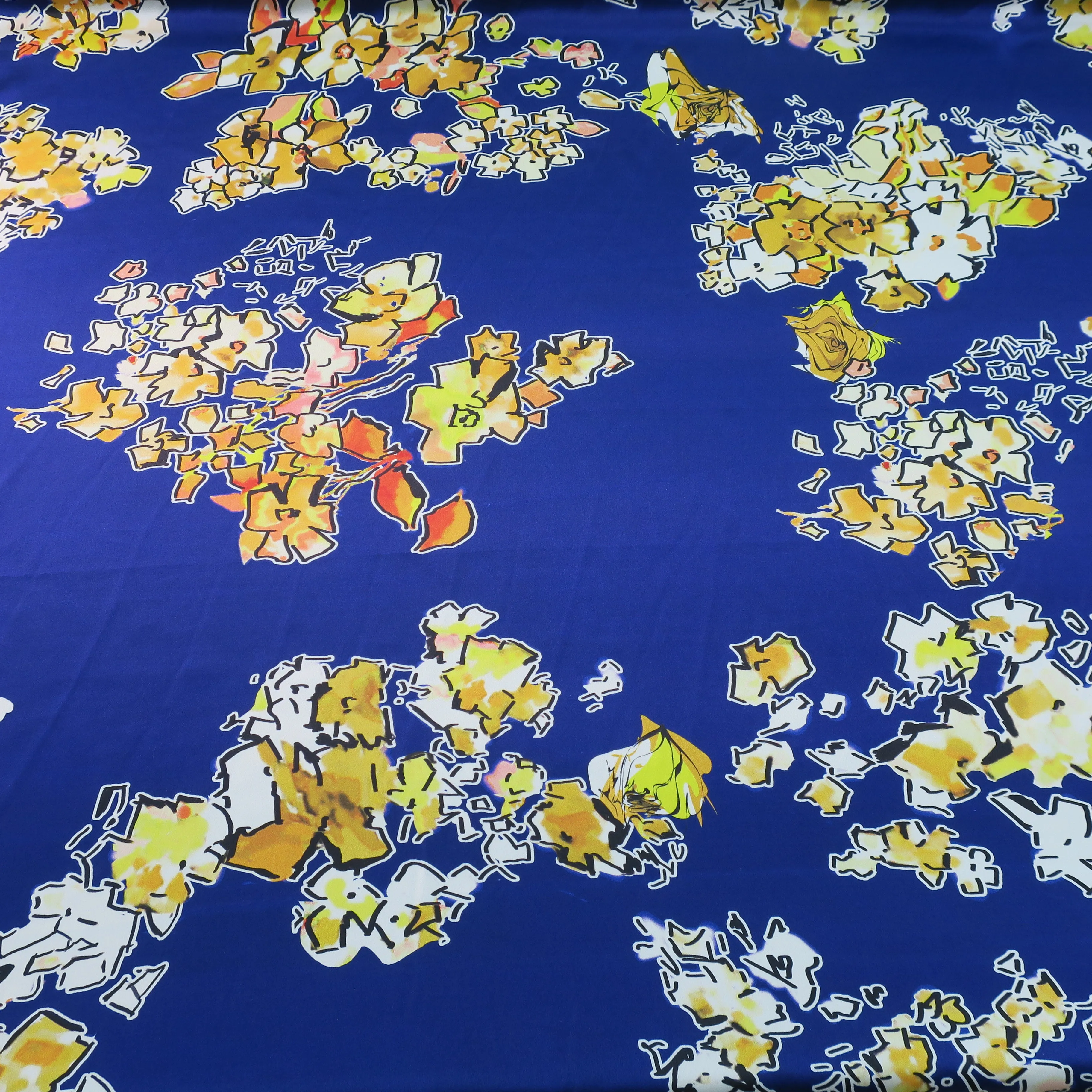 Abstract Floral Design on  Navy Ground Printed Silk Charmeuse Fabric