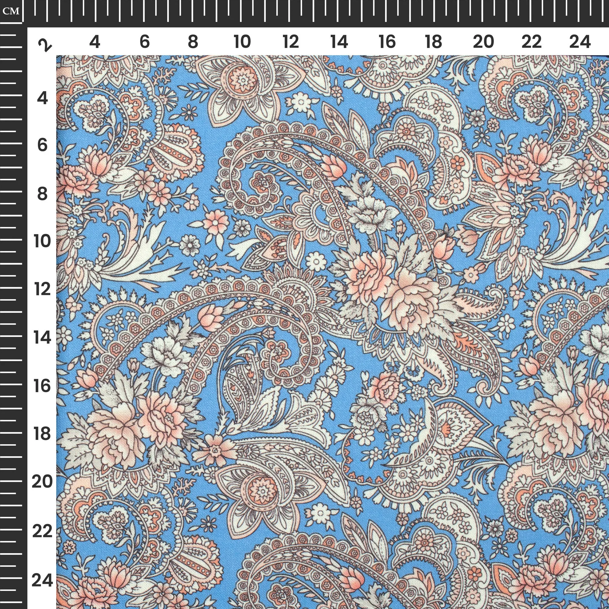 Baby Blue Floral Digital Print Linen Textured Fabric (Width 56 Inches)