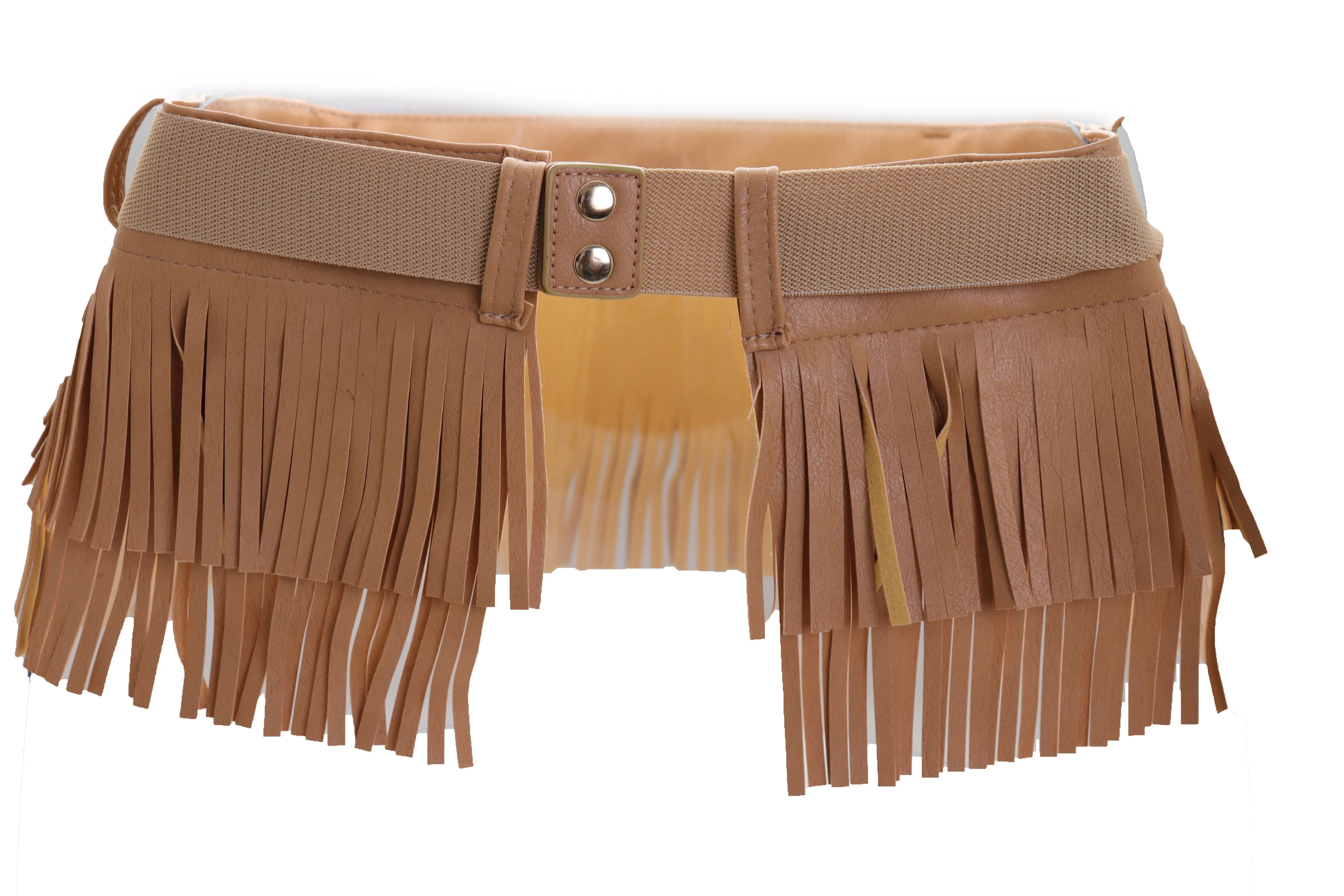 Beige Faux Leather Wrap Around Skirt Tie Fringes Belt Gold Metal Size S M