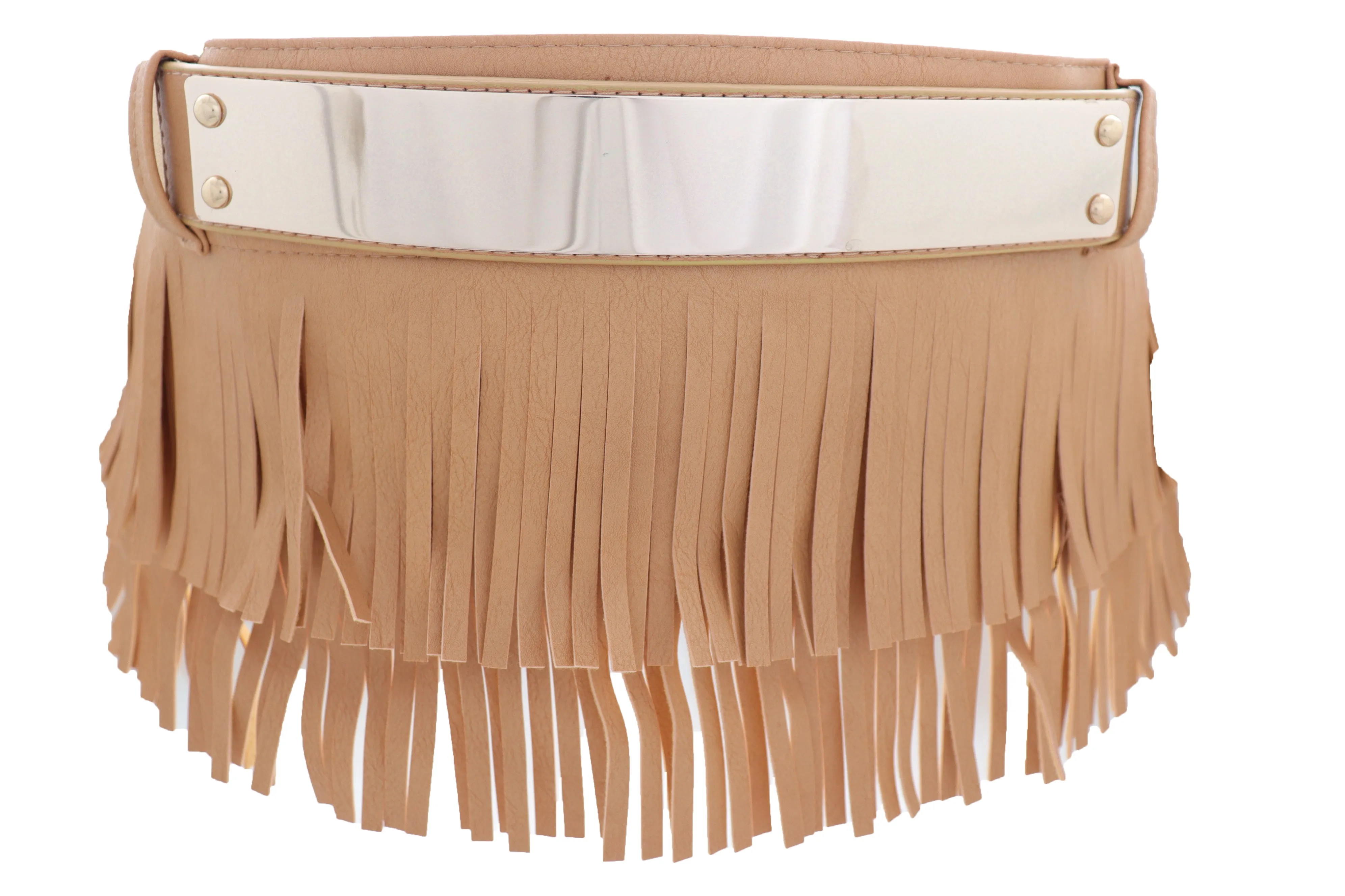 Beige Faux Leather Wrap Around Skirt Tie Fringes Belt Gold Metal Size S M