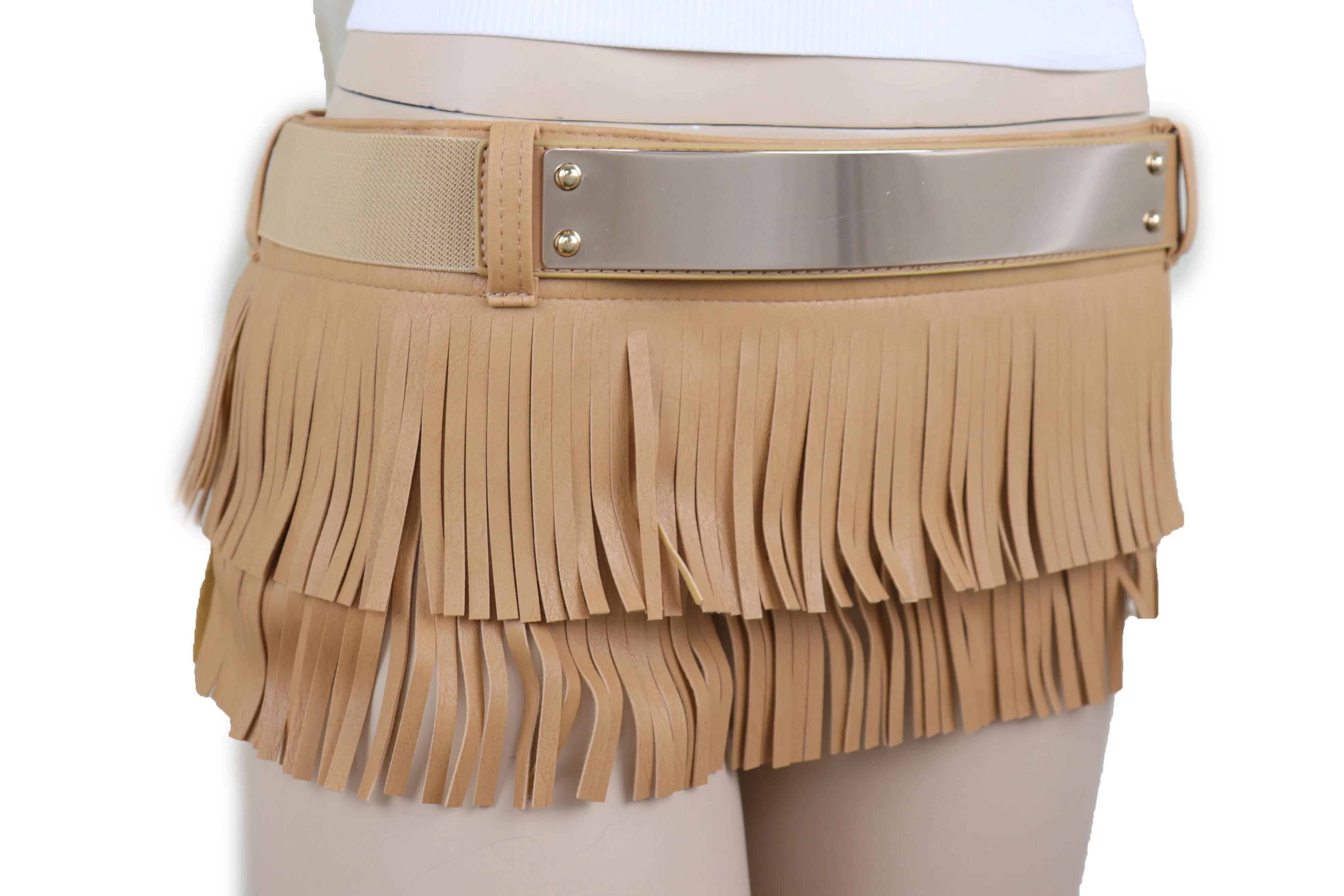 Beige Faux Leather Wrap Around Skirt Tie Fringes Belt Gold Metal Size S M