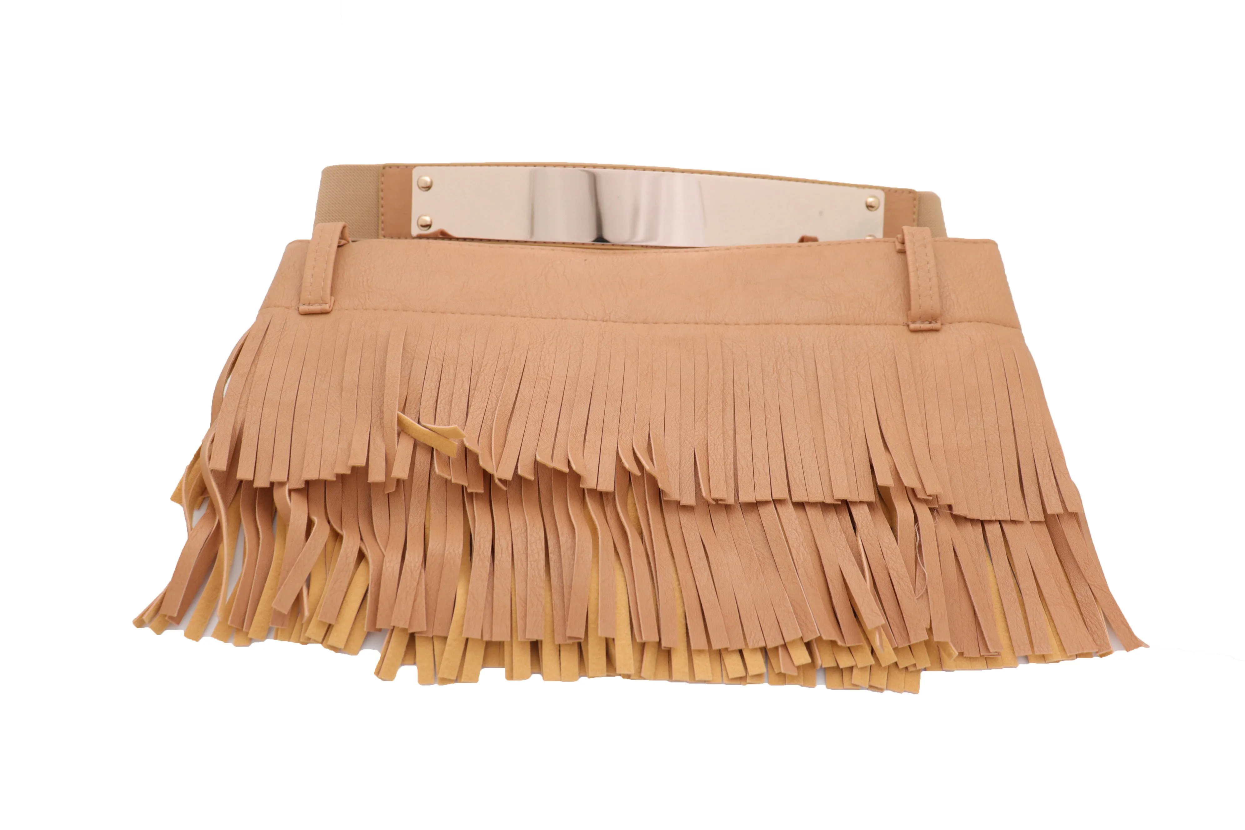 Beige Faux Leather Wrap Around Skirt Tie Fringes Belt Gold Metal Size S M