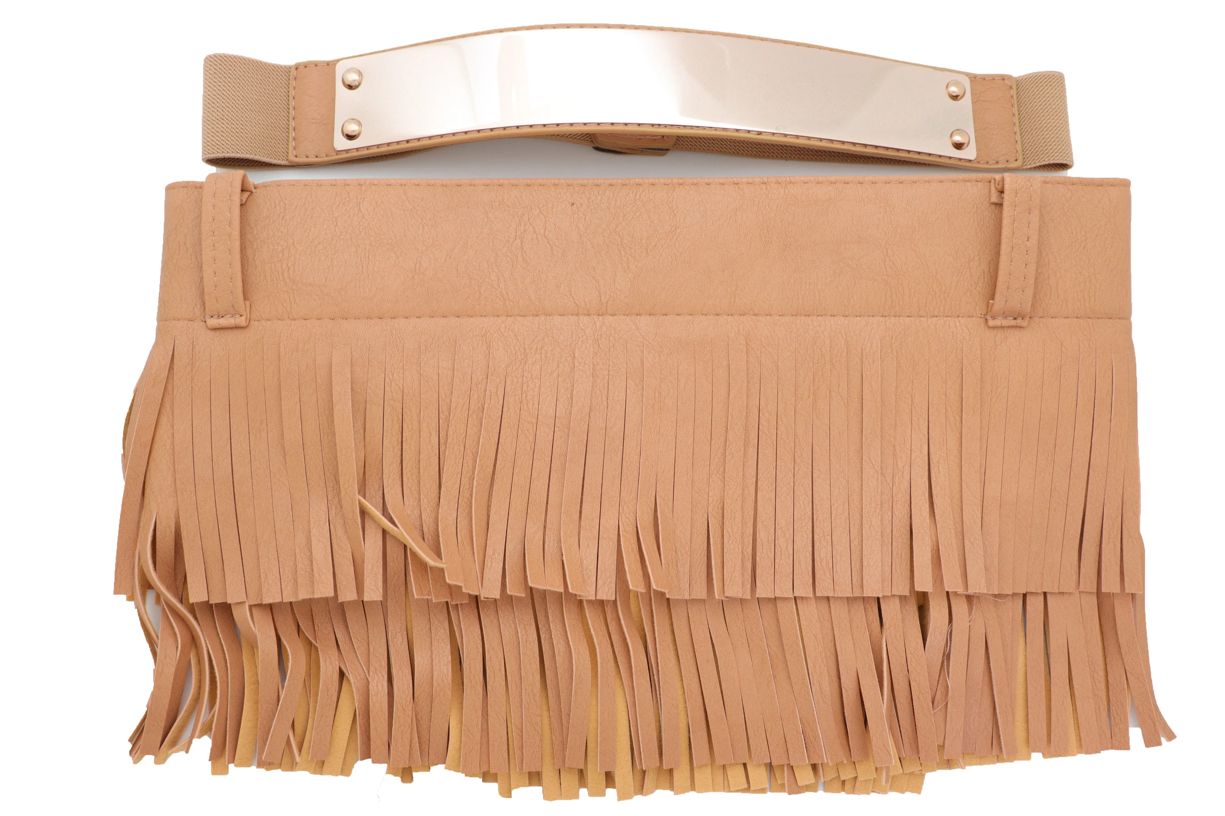 Beige Faux Leather Wrap Around Skirt Tie Fringes Belt Gold Metal Size S M