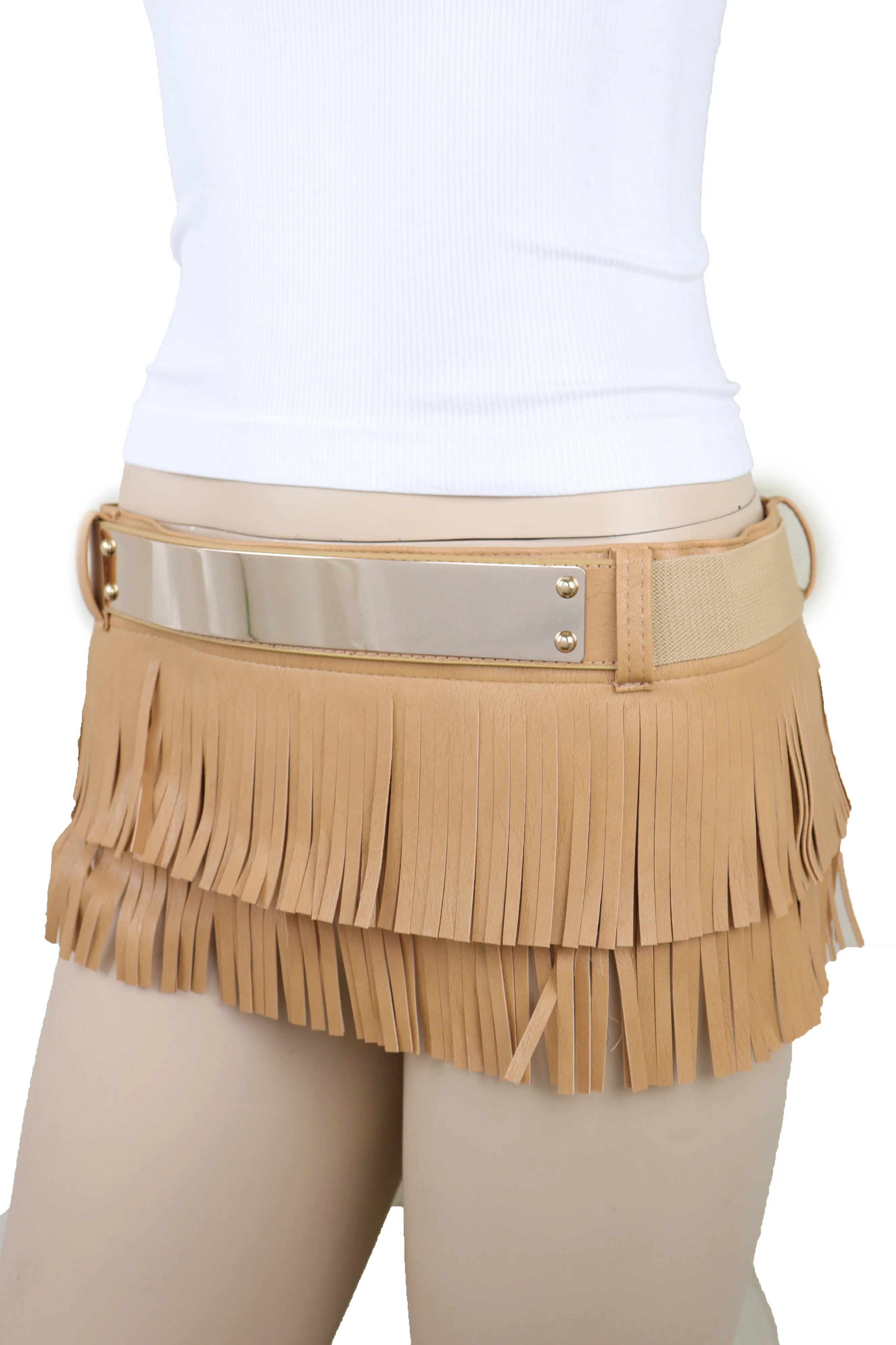 Beige Faux Leather Wrap Around Skirt Tie Fringes Belt Gold Metal Size S M