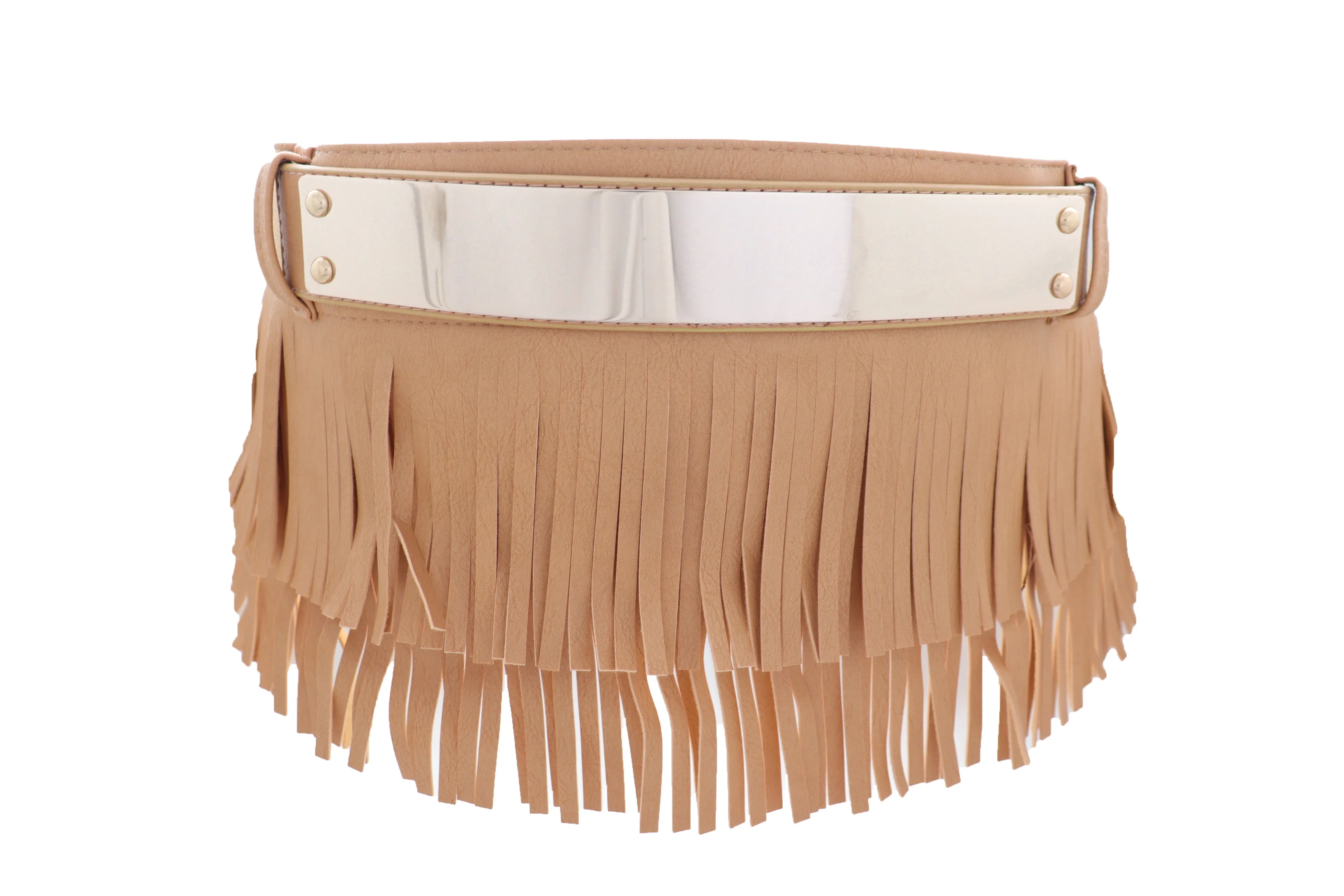 Beige Faux Leather Wrap Around Skirt Tie Fringes Belt Gold Metal Size S M