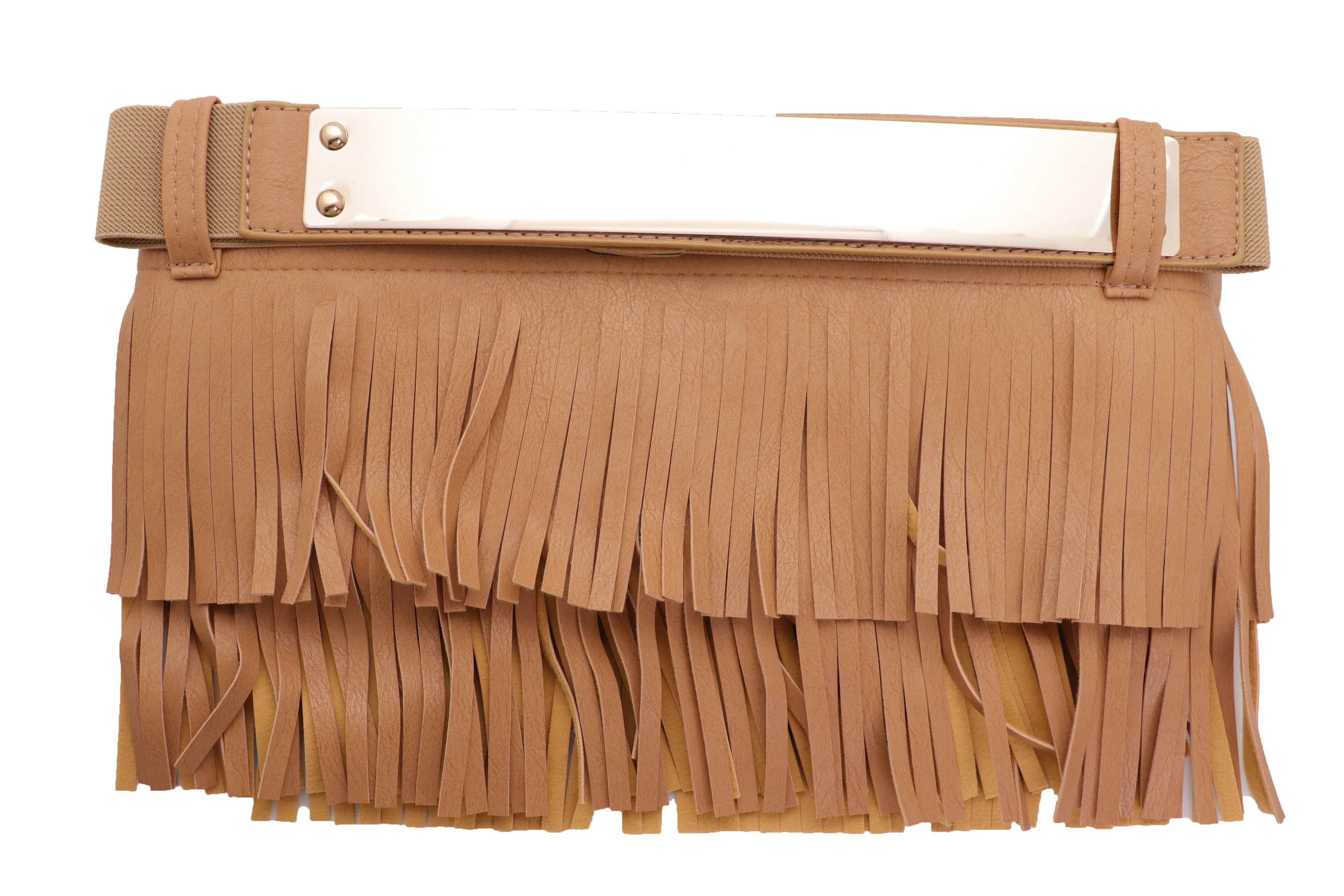 Beige Faux Leather Wrap Around Skirt Tie Fringes Belt Gold Metal Size S M