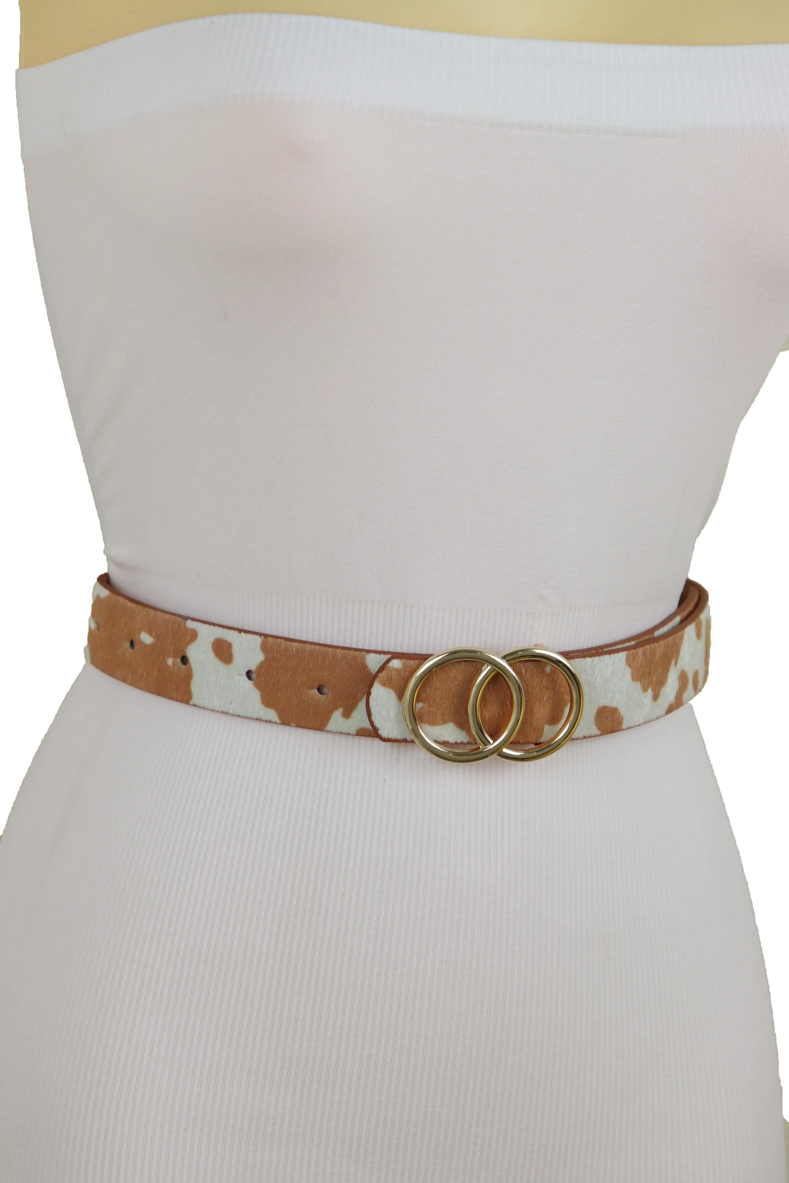 Belt Waist Hip Gold Metal Buckle White Brown Faux Cow Leather Size L XL