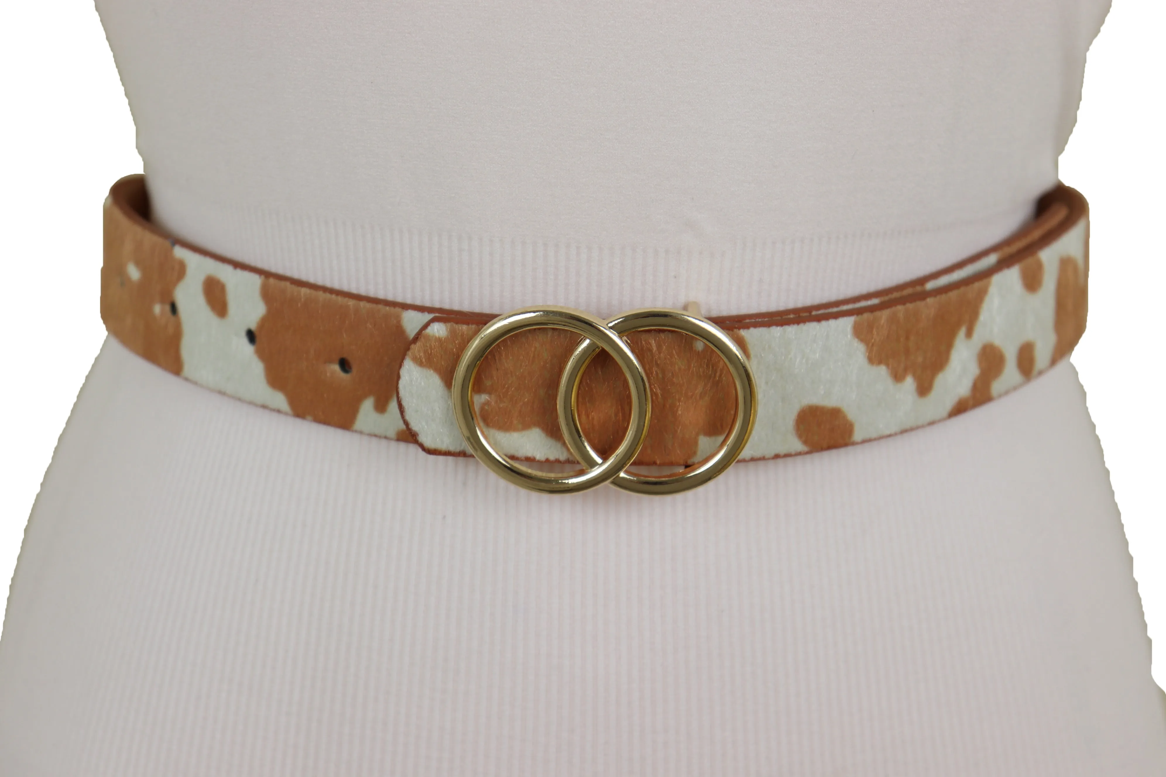 Belt Waist Hip Gold Metal Buckle White Brown Faux Cow Leather Size L XL