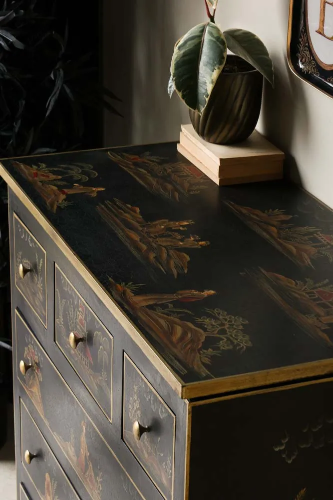 Black Chinoiserie-style Deco 6 Drawer Chest