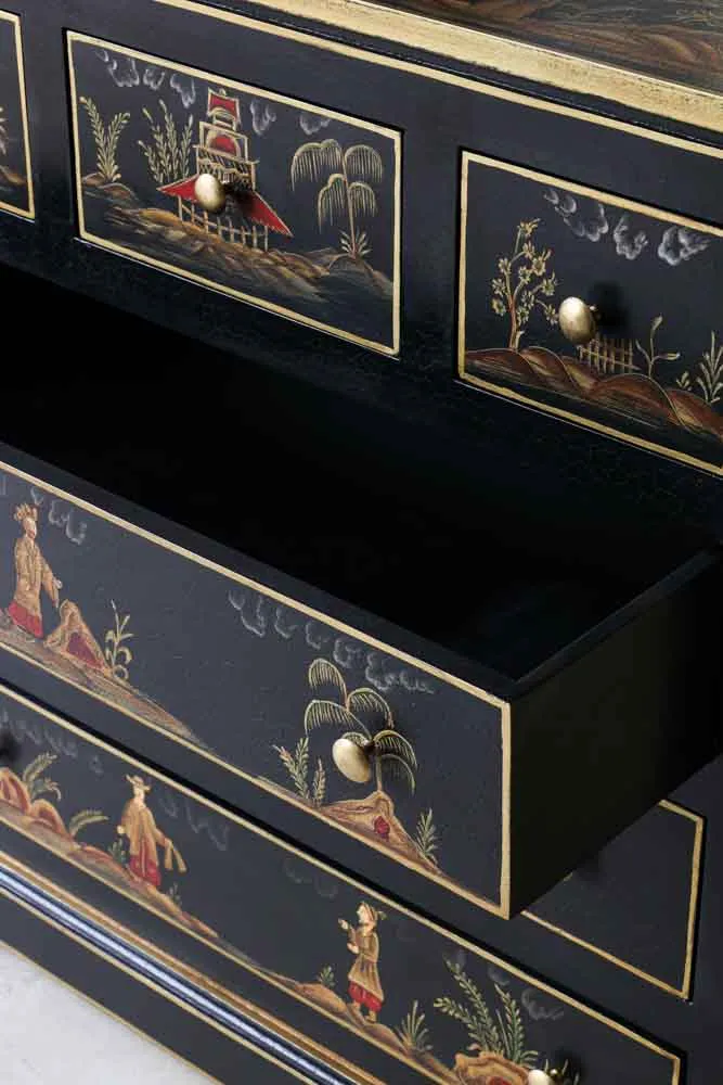 Black Chinoiserie-style Deco 6 Drawer Chest