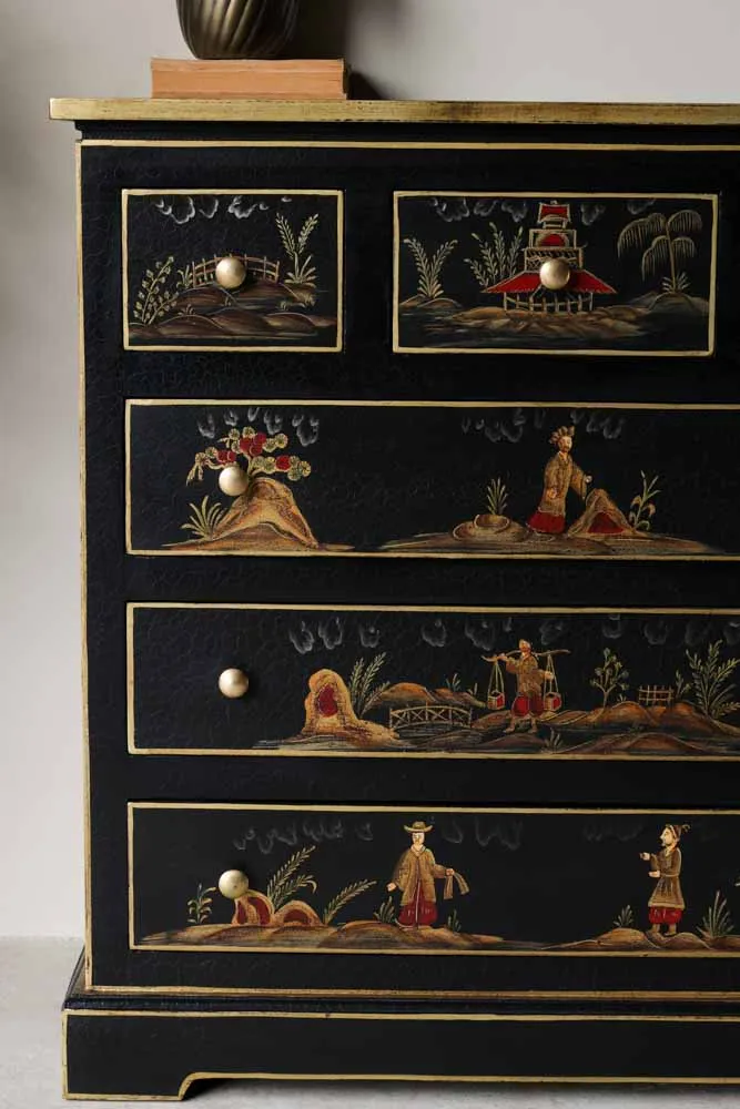 Black Chinoiserie-style Deco 6 Drawer Chest