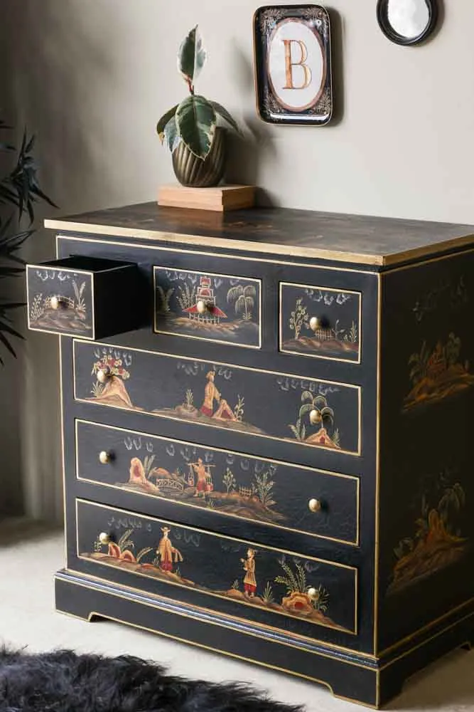 Black Chinoiserie-style Deco 6 Drawer Chest