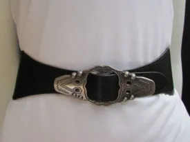 Black Faux Leather Elastic Waist Hip Belt Silver Moroccan Buckle S M