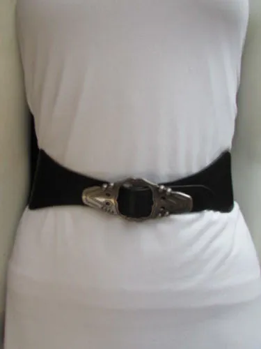 Black Faux Leather Elastic Waist Hip Belt Silver Moroccan Buckle S M