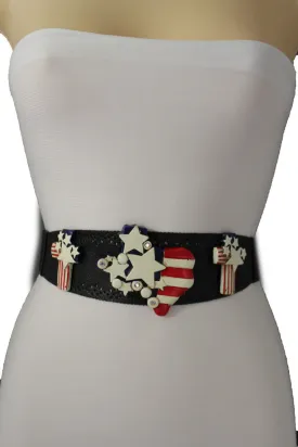 Black Leather Stretch Western Belt Cross State USA Flag S M