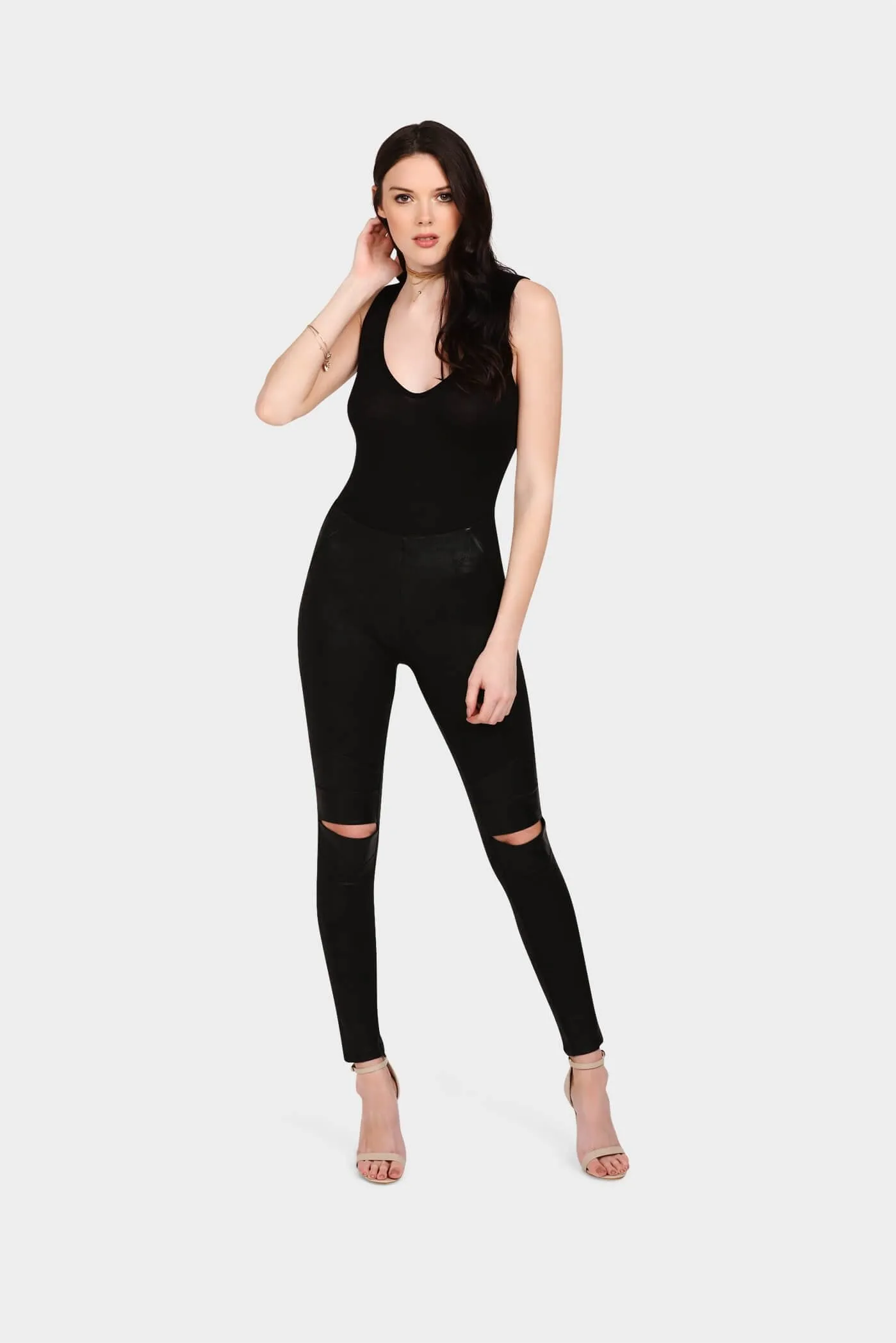 Black Sleeveless Thong Scoop Bodysuit