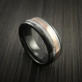 Black Titanium and Damascus Steel Band 14K Rose Gold Center Custom Made Men's Ring