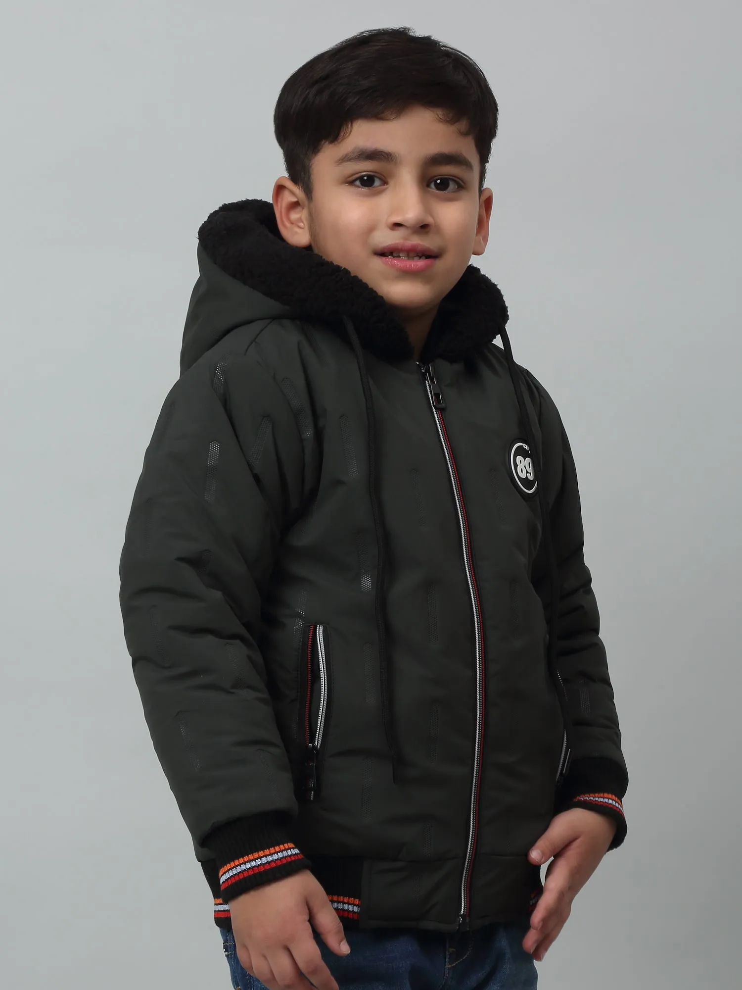 Boys Bottle Green Hooded Neck Solid Casual Jacket For Winter