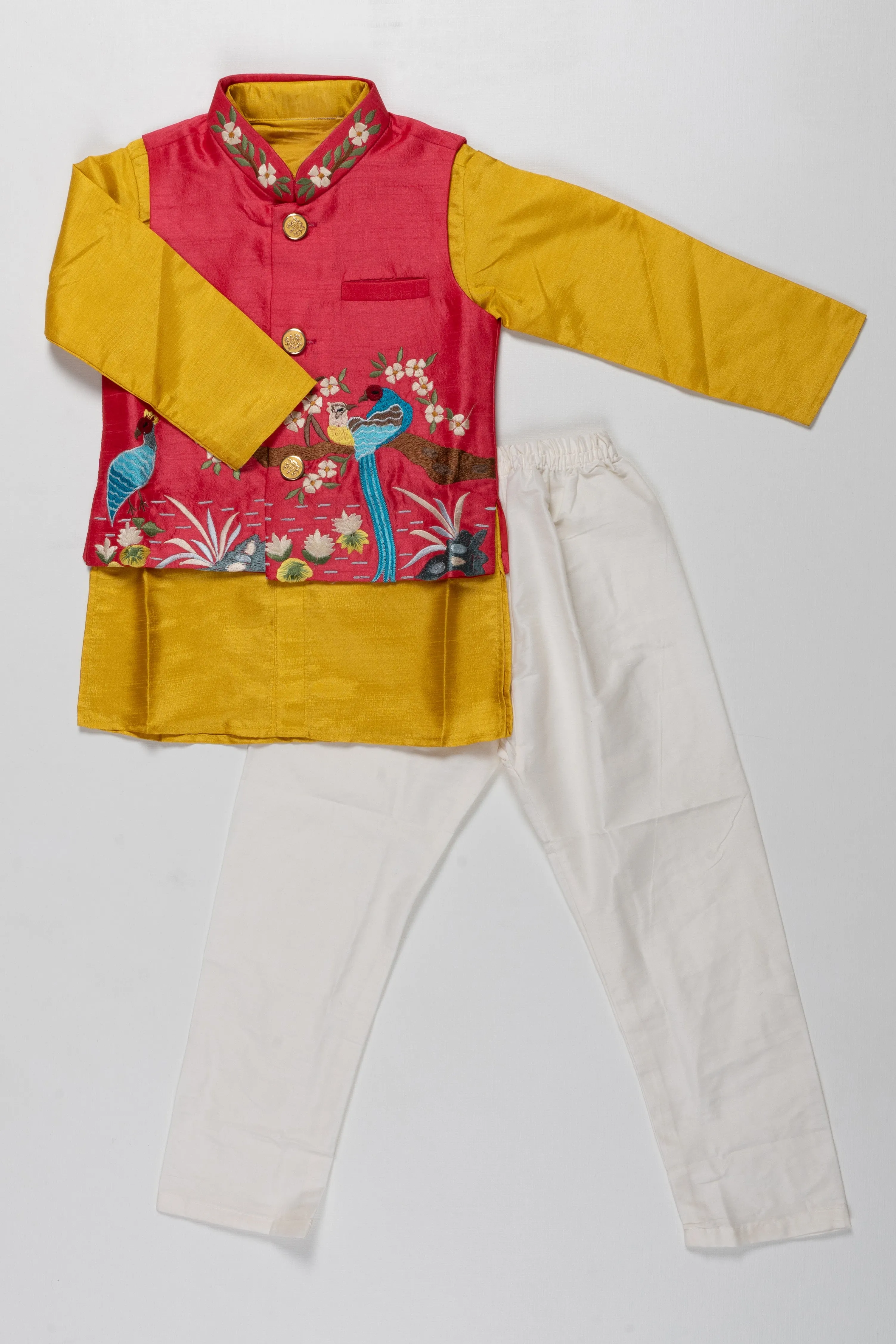 Boys Festive Peacock Embroidered Jacket With Kurta and Pant Set - Regal Pink and Yellow For Haldi Event