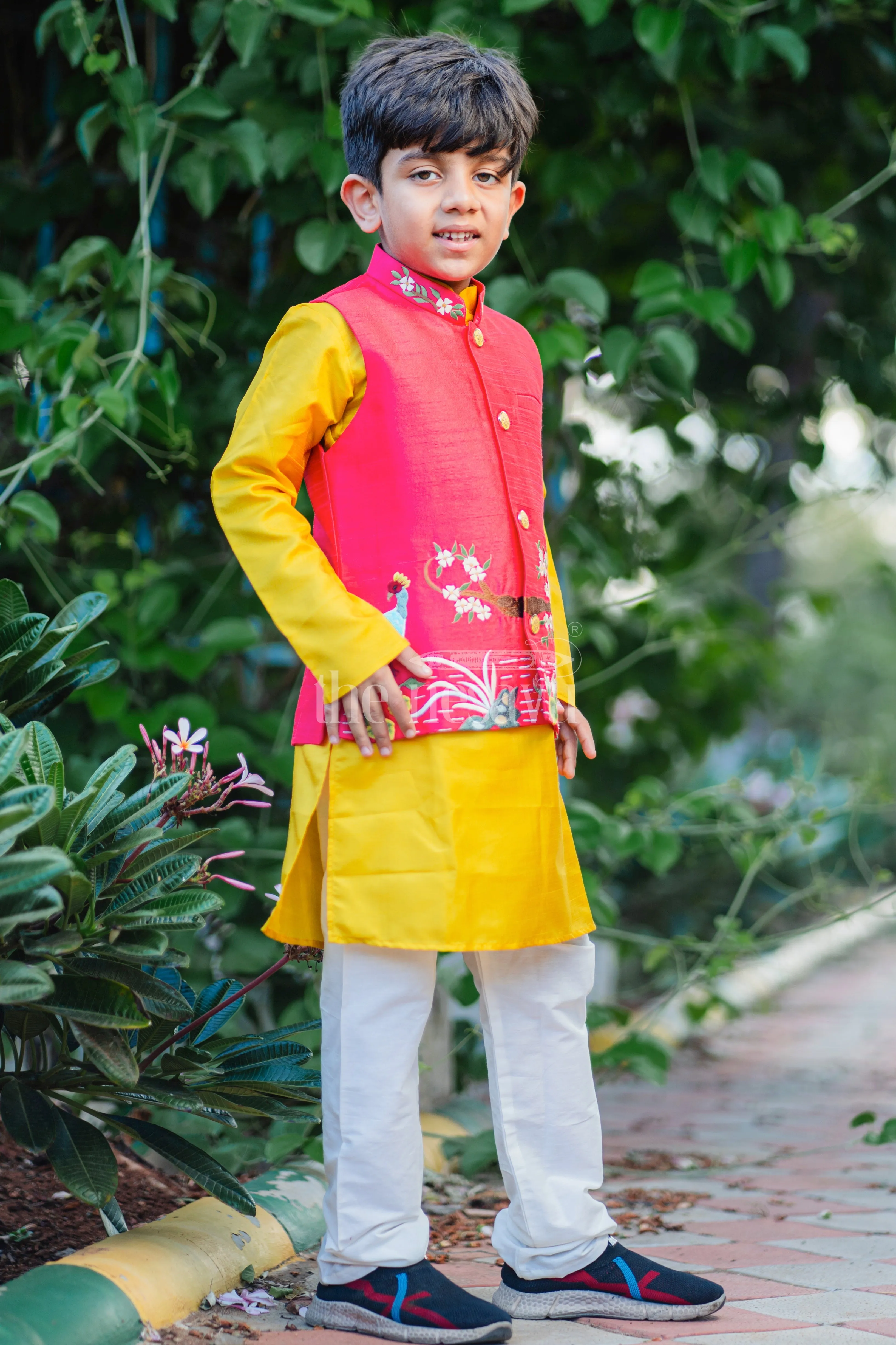 Boys Festive Peacock Embroidered Jacket With Kurta and Pant Set - Regal Pink and Yellow For Haldi Event