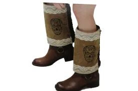 Brown Beige Faux Leather Slip On Western Sugar Skulls Boots Cover Toppers