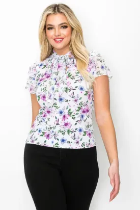 Collar Tie Flutter Short Sleeve Mix Media Blouse