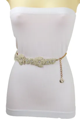 Cream Fabric Flower Charms Belt Wrap Around Fit Size S M L