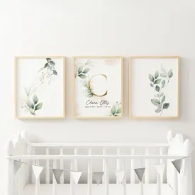 Custom Name Nursery Wall Art with Green Leaves and Gold - Set of three prints