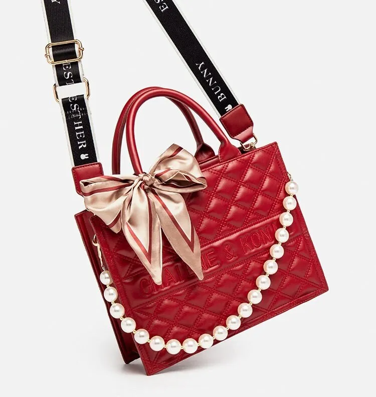 Cute Red Minimalist Geometric Pattern Rhombus Luxury Genuine Leather Pearl Strap Decor Handheld Handbag for Women   Satin Scarf Decor