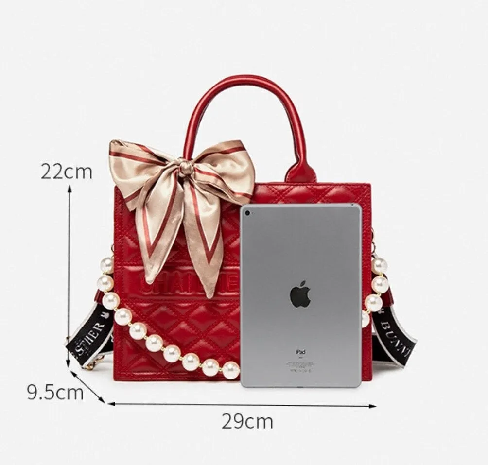 Cute Red Minimalist Geometric Pattern Rhombus Luxury Genuine Leather Pearl Strap Decor Handheld Handbag for Women   Satin Scarf Decor