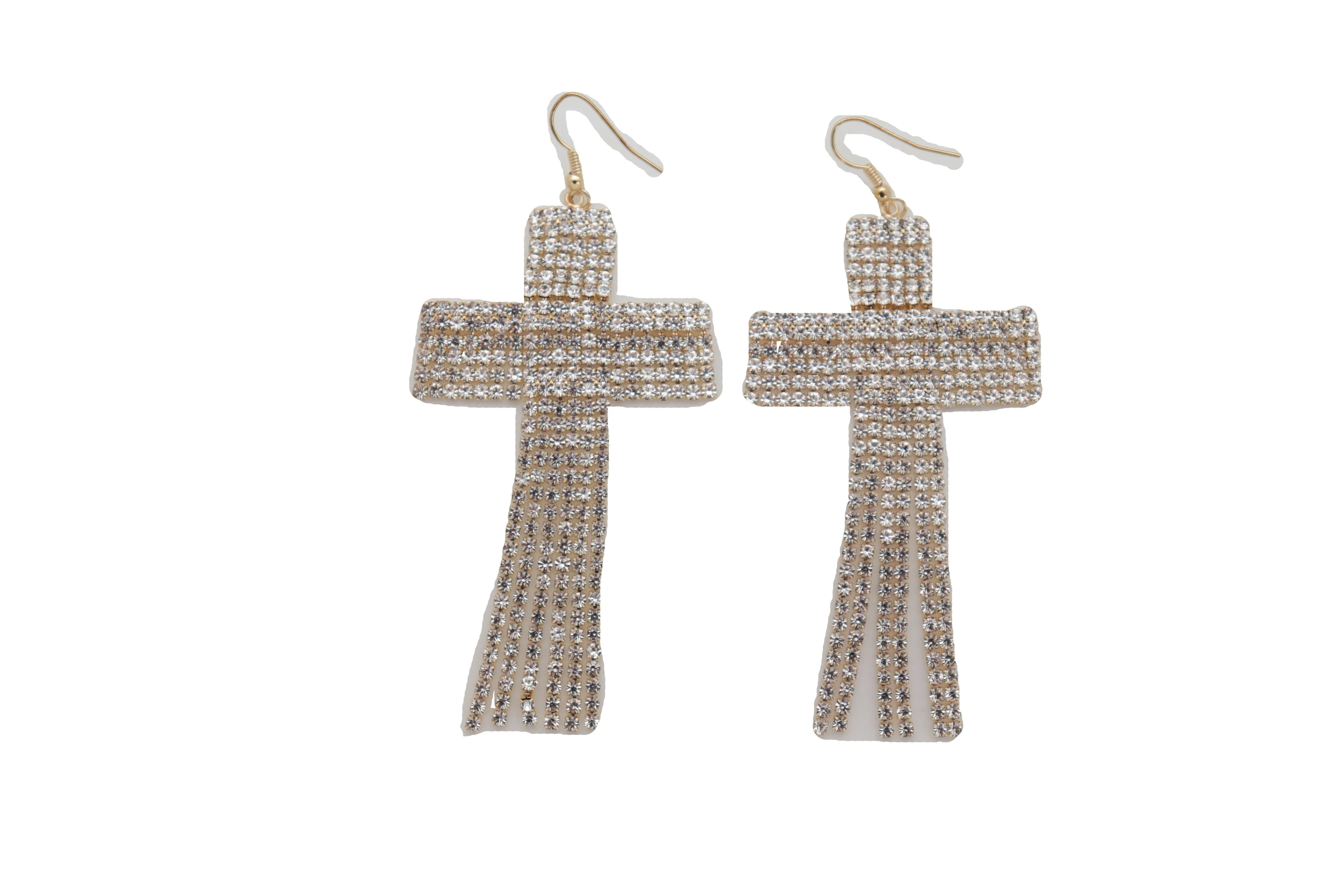 Earrings Set Big Gold Metal Long Bling Cross Charm Tassel