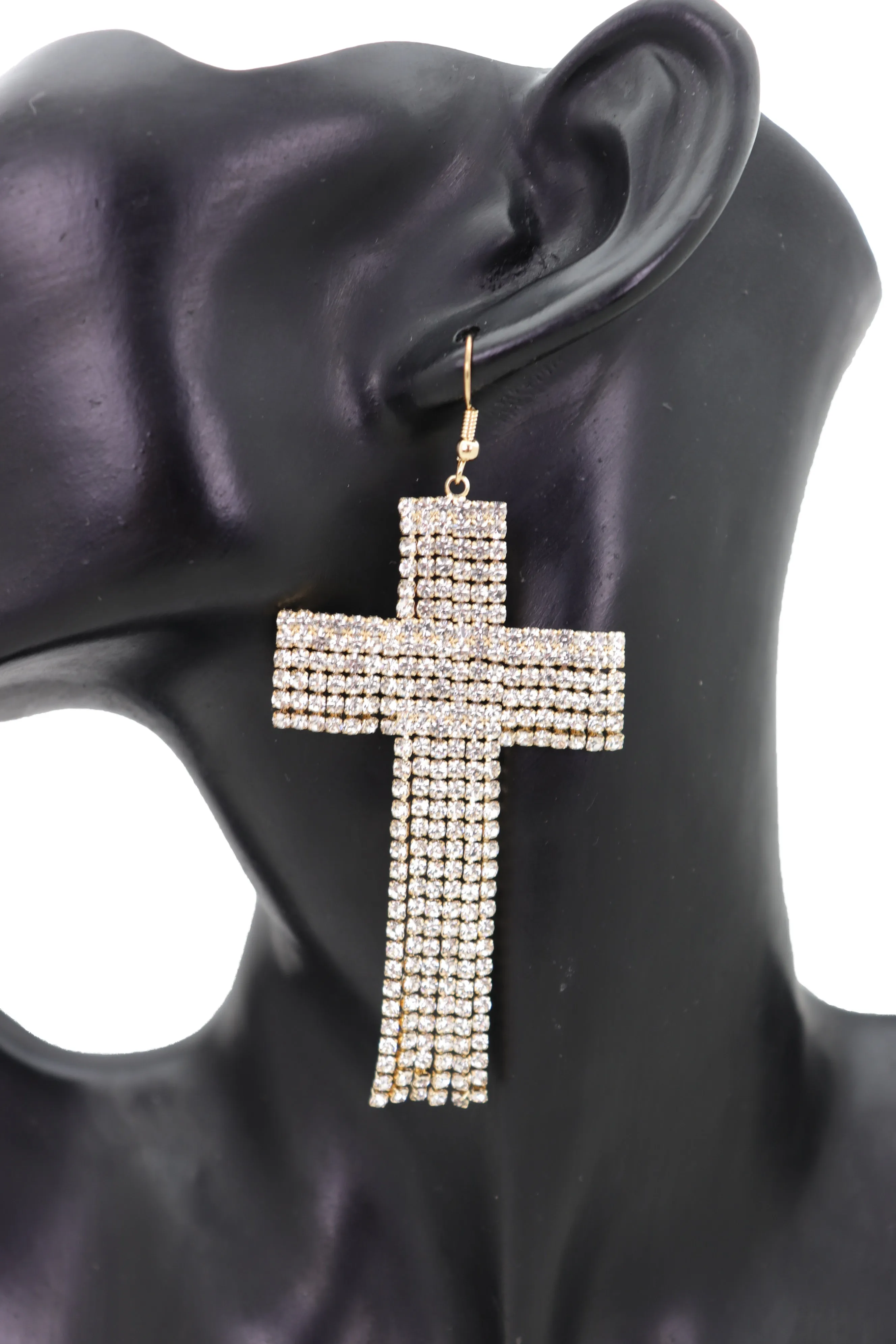 Earrings Set Big Gold Metal Long Bling Cross Charm Tassel