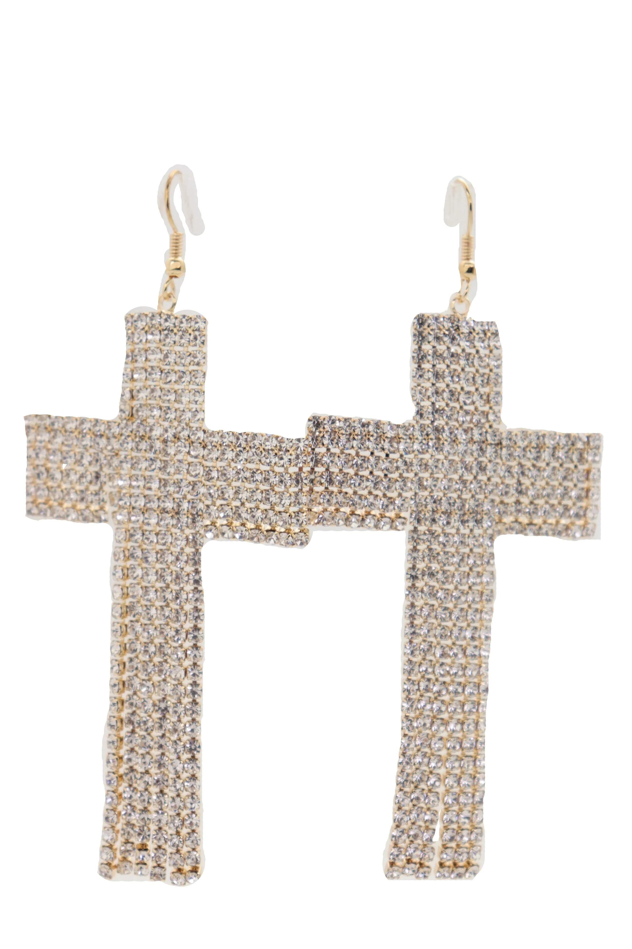 Earrings Set Big Gold Metal Long Bling Cross Charm Tassel