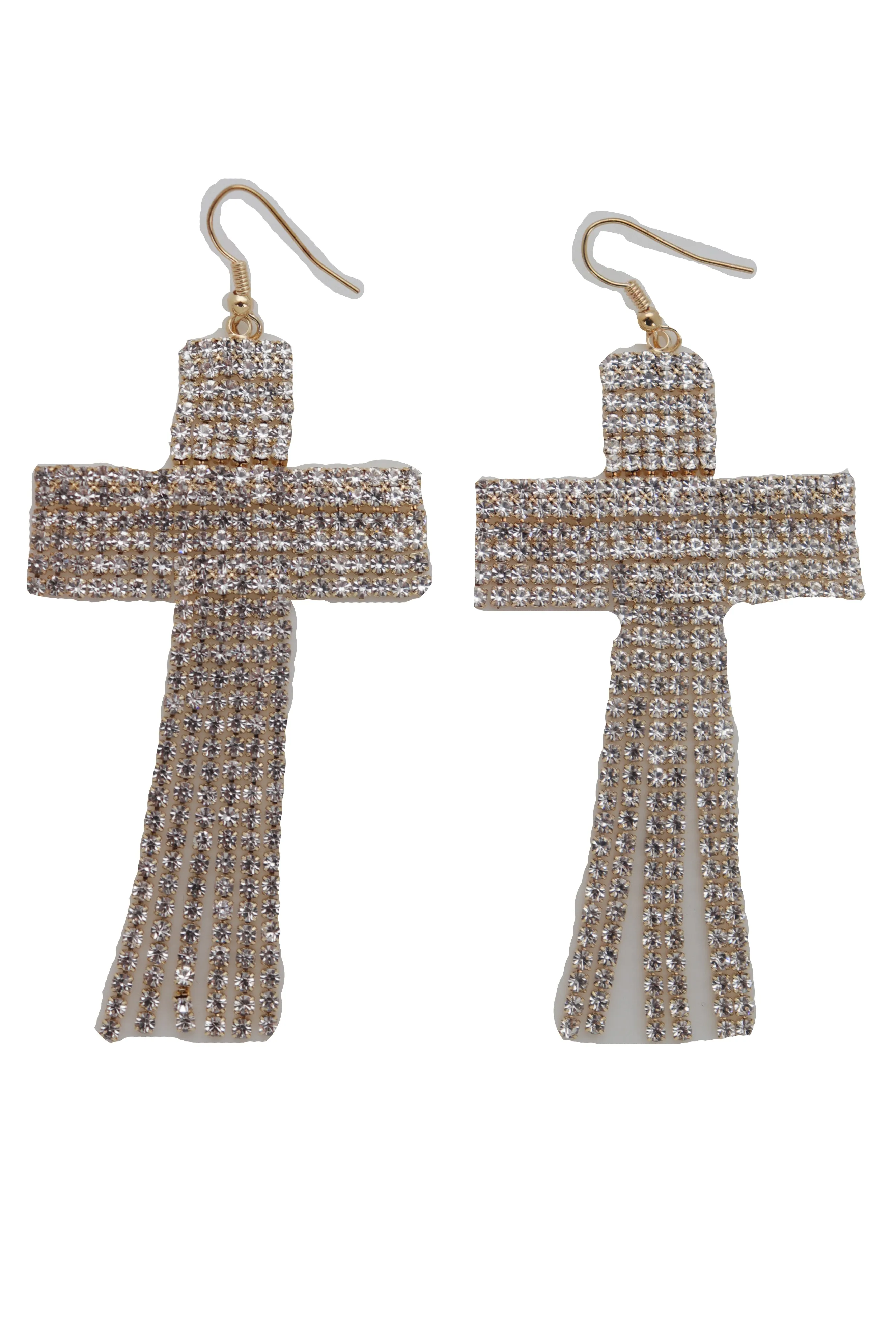 Earrings Set Big Gold Metal Long Bling Cross Charm Tassel