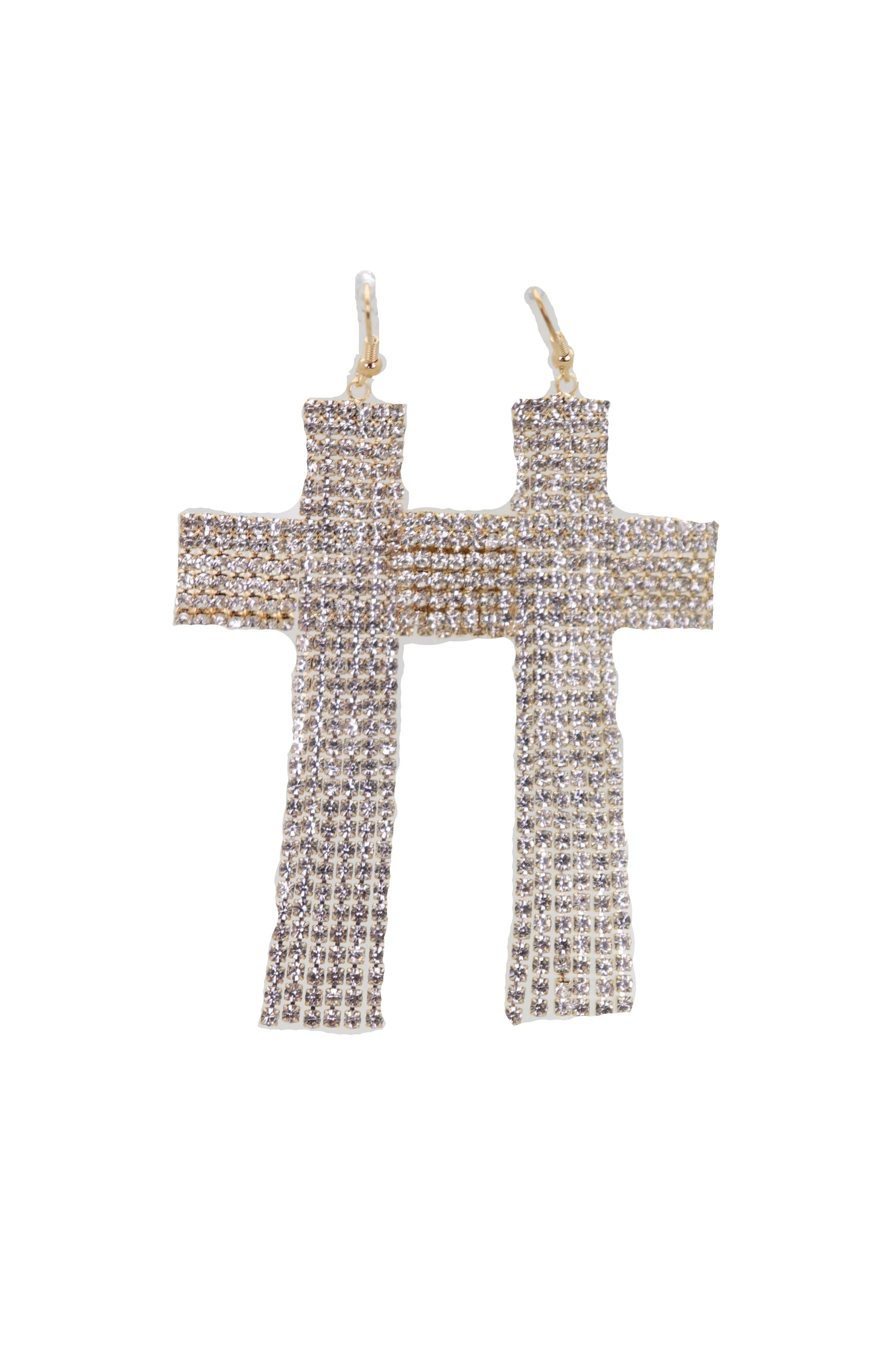 Earrings Set Big Gold Metal Long Bling Cross Charm Tassel