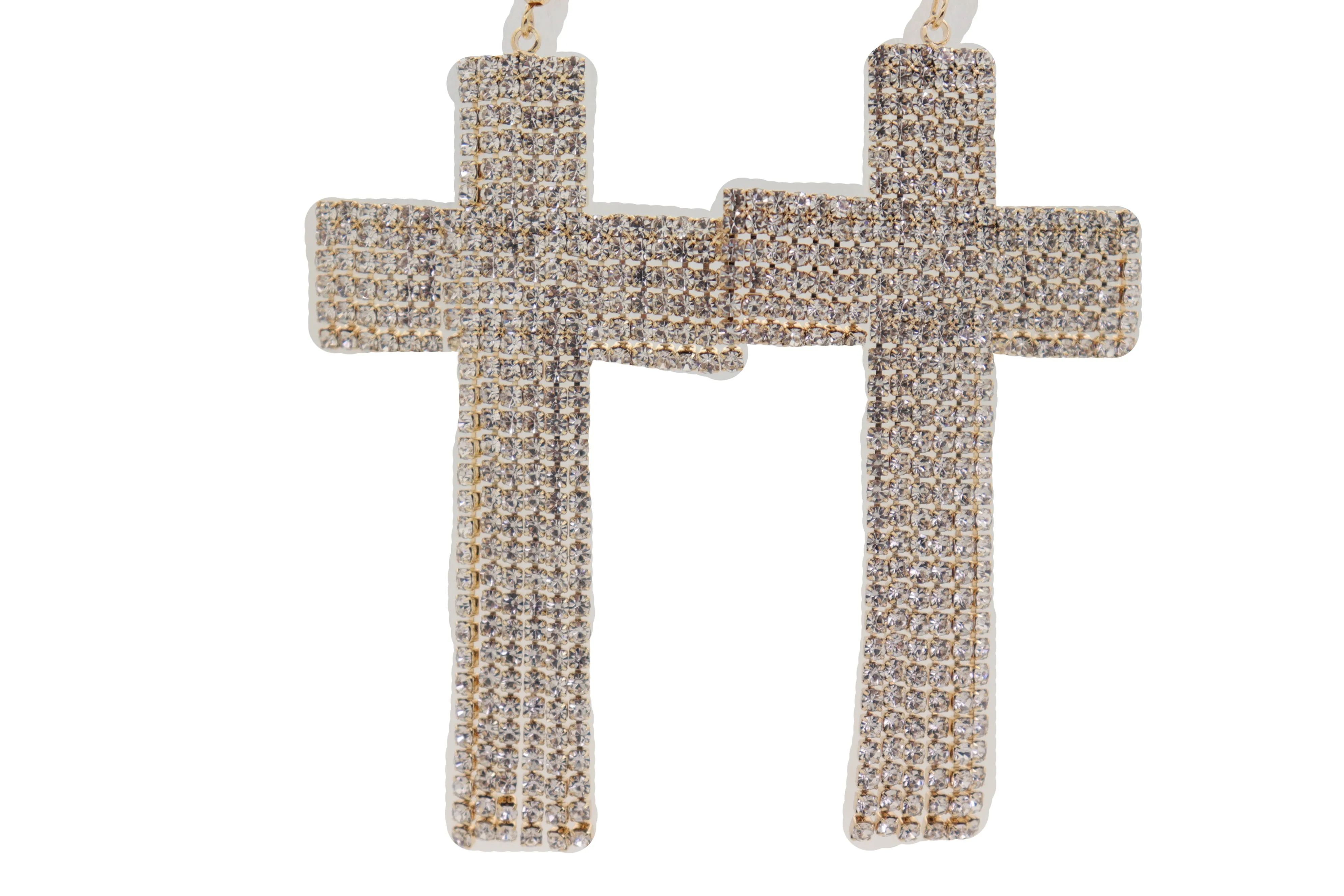 Earrings Set Big Gold Metal Long Bling Cross Charm Tassel