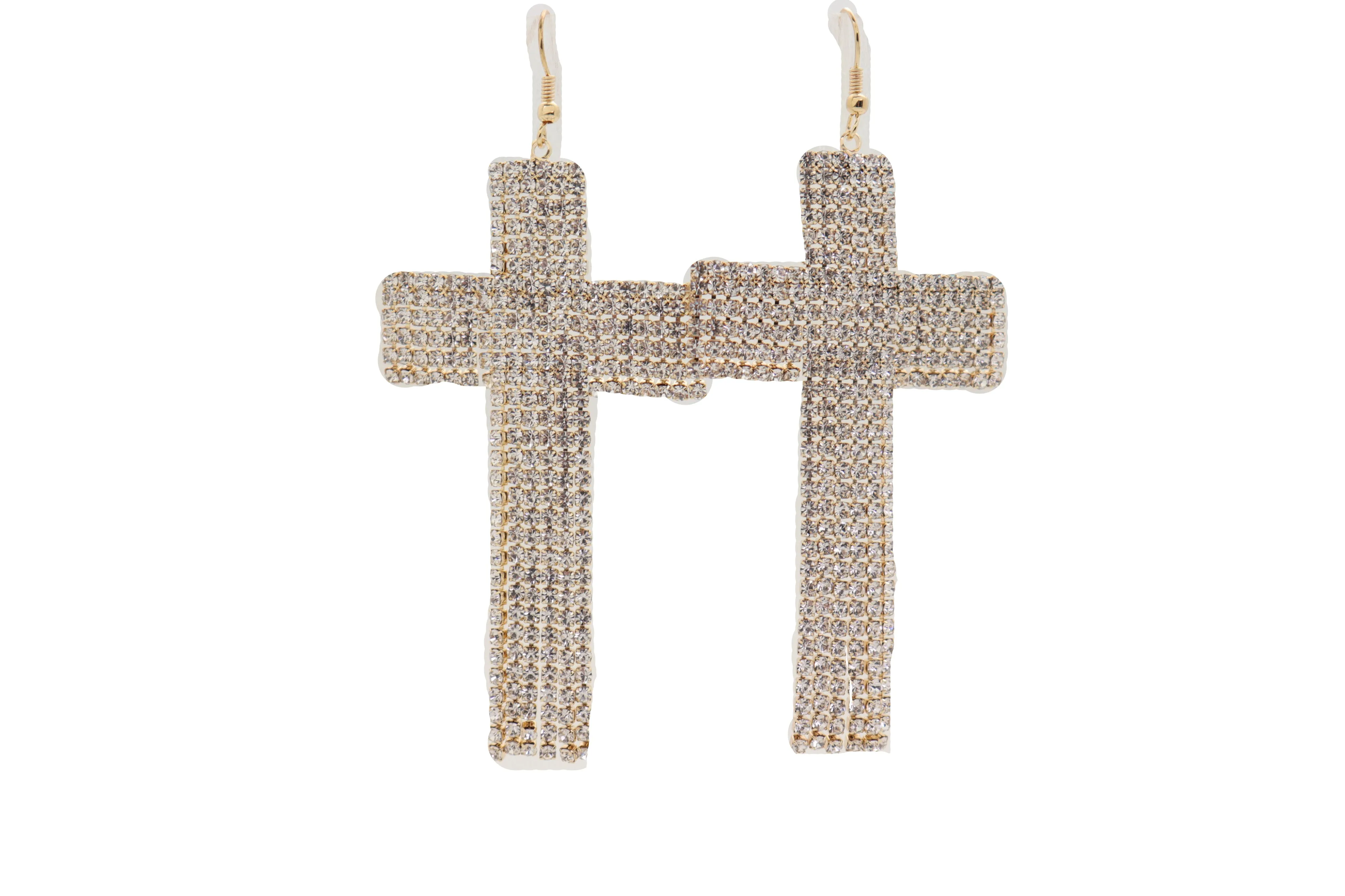 Earrings Set Big Gold Metal Long Bling Cross Charm Tassel