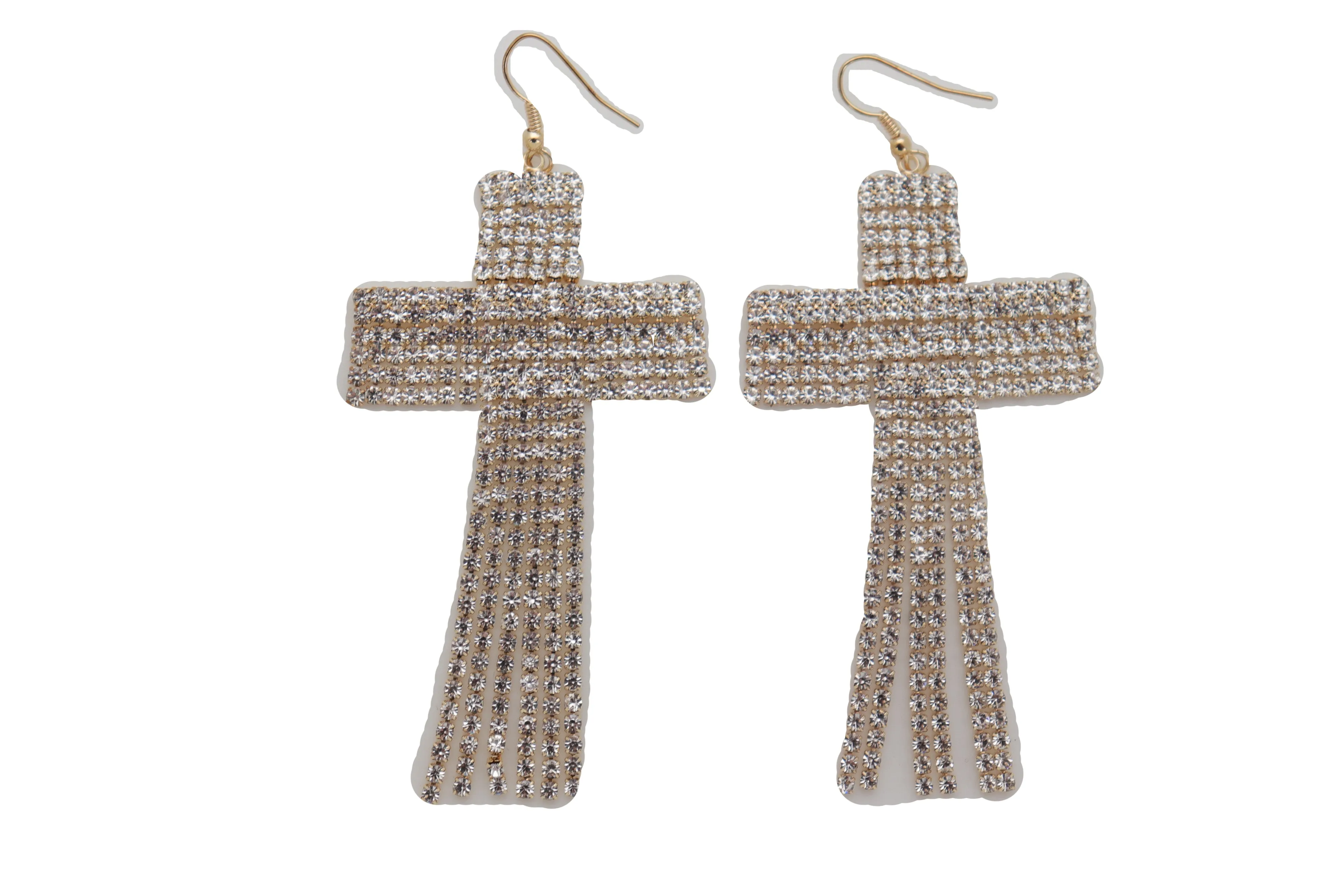 Earrings Set Big Gold Metal Long Bling Cross Charm Tassel