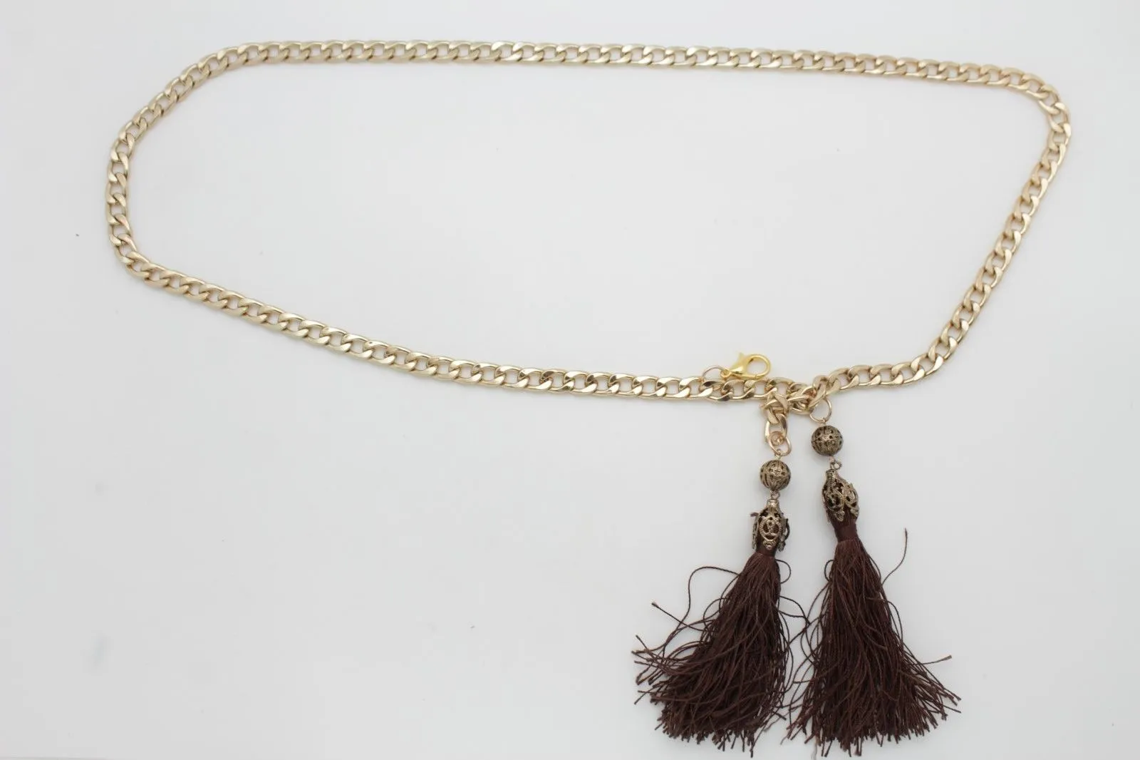 Gold Metal Chain Skinny Belt with Beaded Tassels