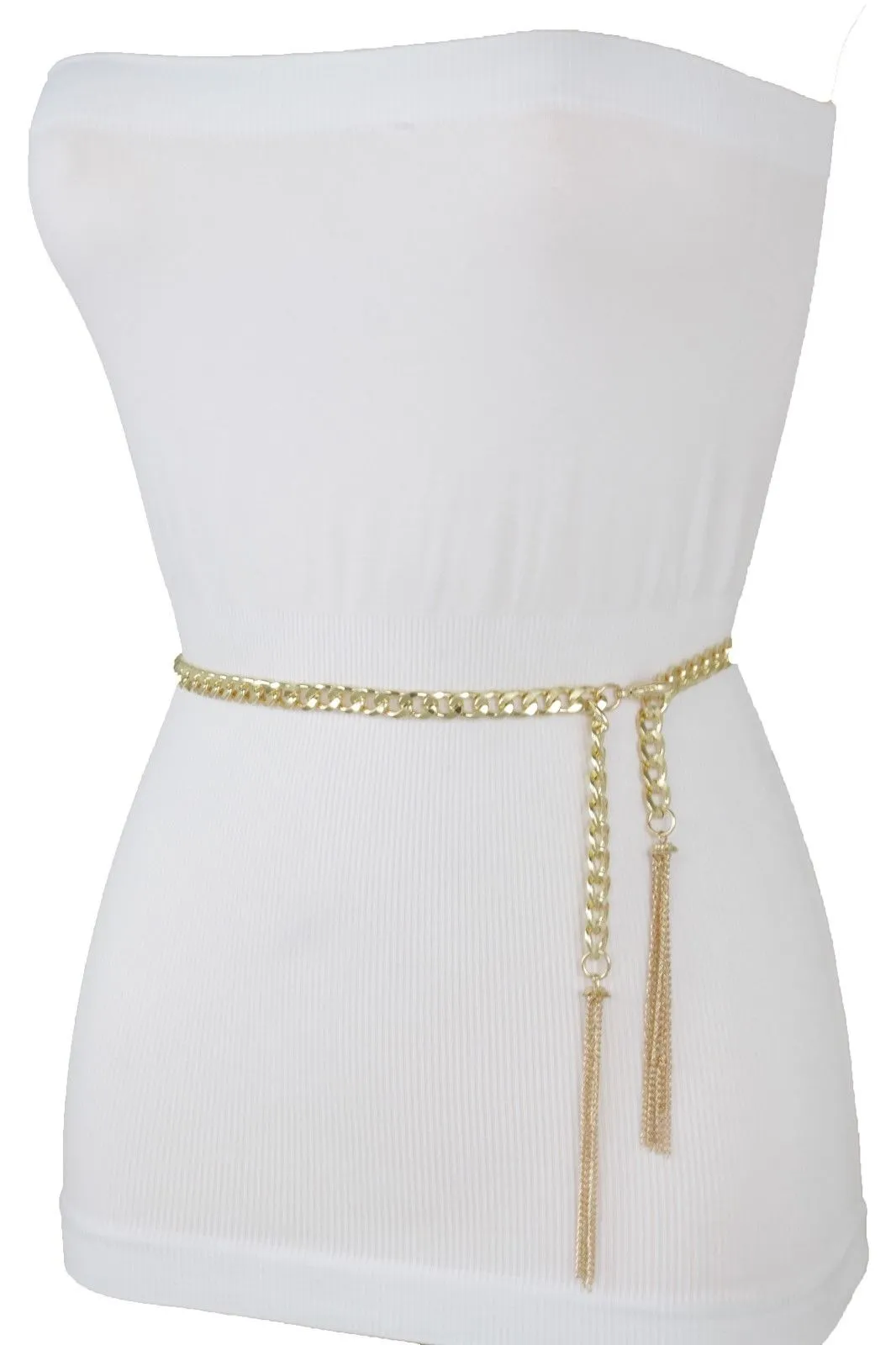 Gold Metal Chain Skinny Belt with Beaded Tassels