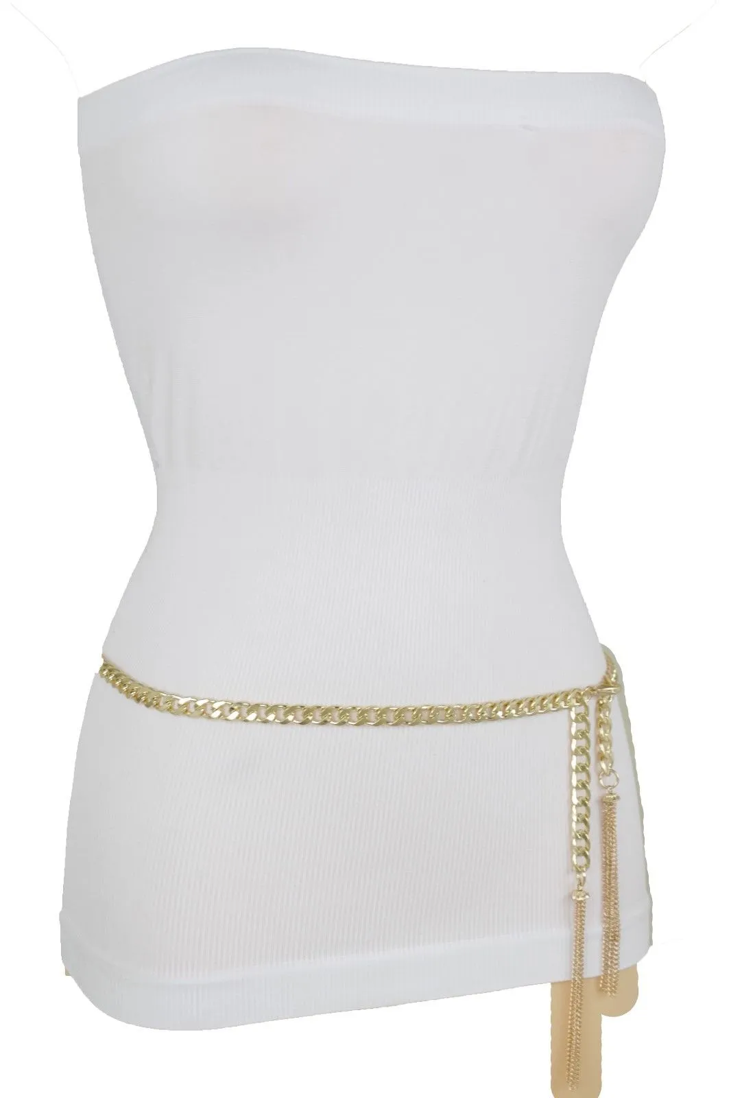 Gold Metal Chain Skinny Belt with Beaded Tassels