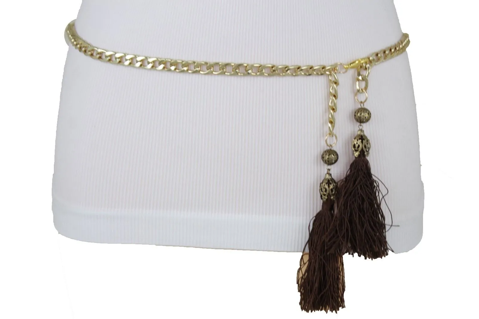 Gold Metal Chain Skinny Belt with Beaded Tassels