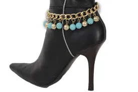 Gold Metal Chains Boot Bracelet High Heels Shoe Charm Anklet Turquoise Blue Balls