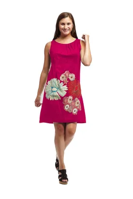 La Cera Sleeveless Floral Applique Cotton Dress