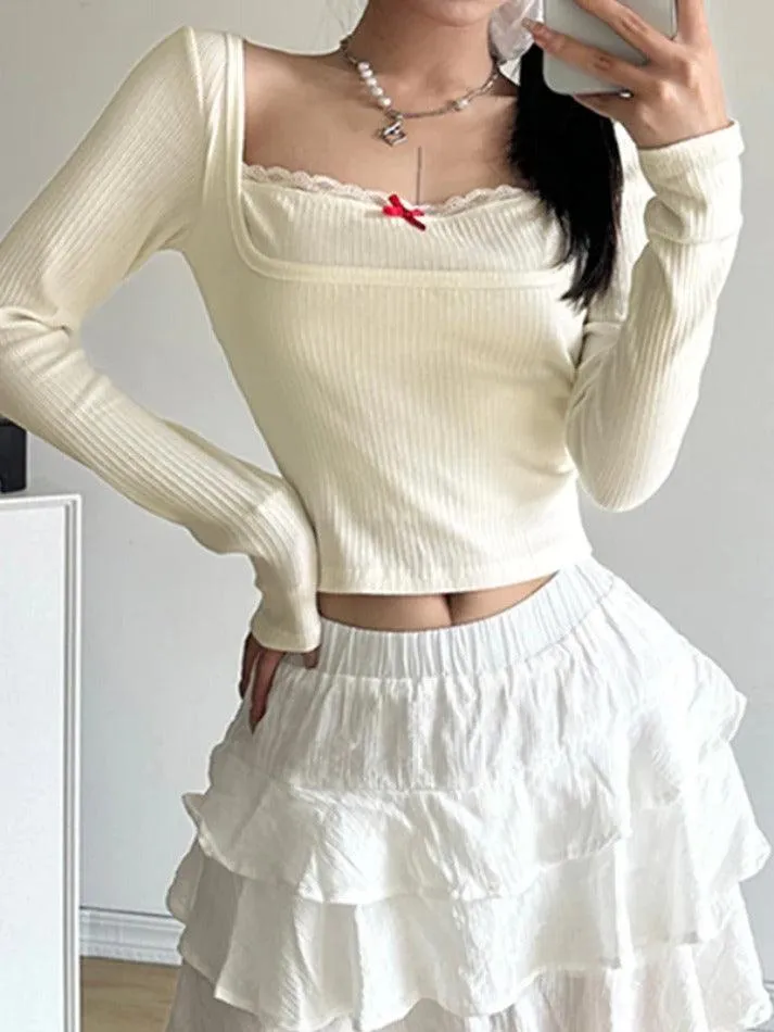 Lace Splice Square Neck Fake Two Piece Long Sleeve Knit