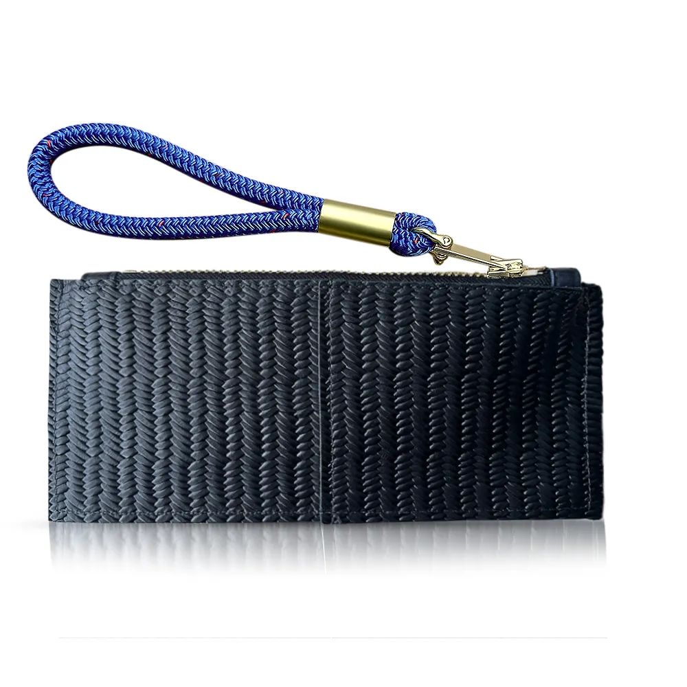 Leather Clutch   Rope Wristlet in Black Basketweave Leather