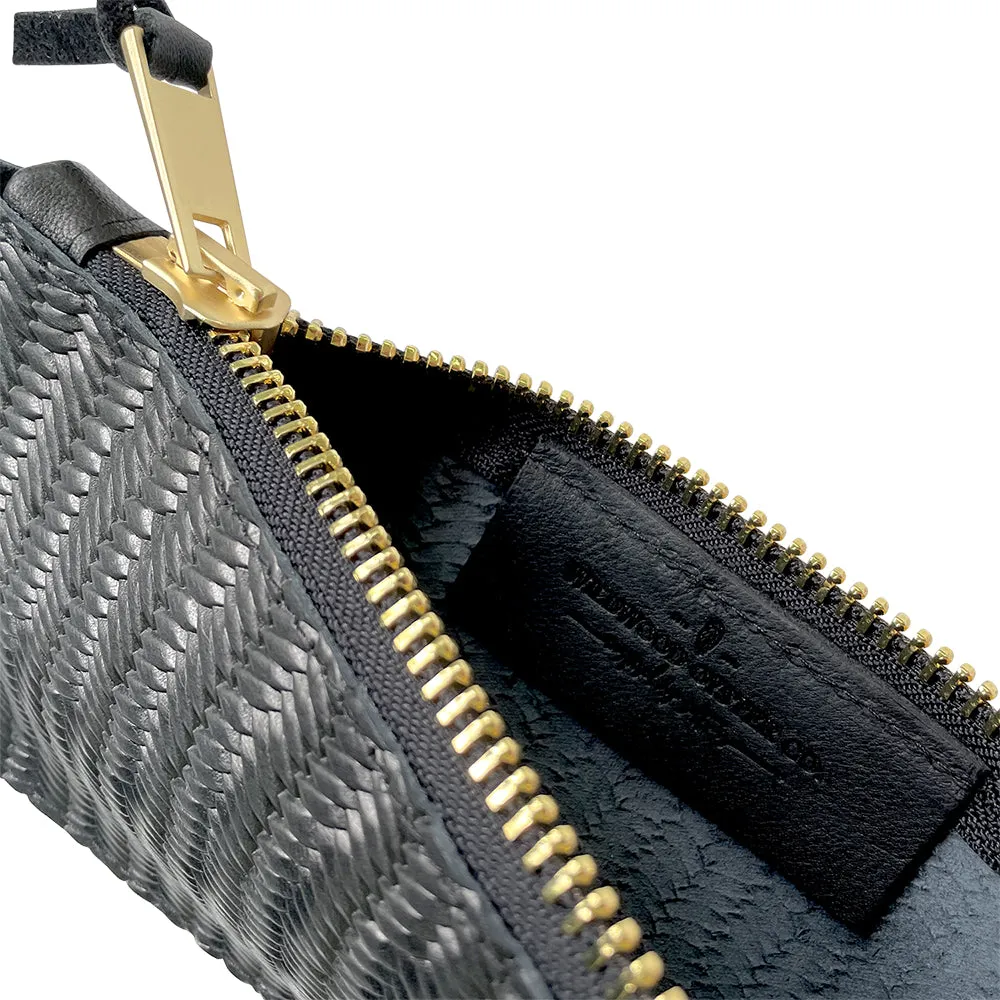 Leather Clutch   Rope Wristlet in Black Basketweave Leather